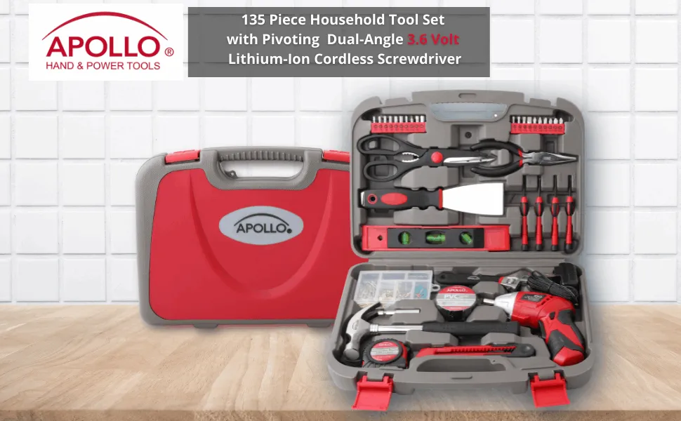 135 Piece Household Tool Set with Pivoting Dual-Angle 3.6 Volt Lithium-Ion Cordless Screwdriver - DT0773