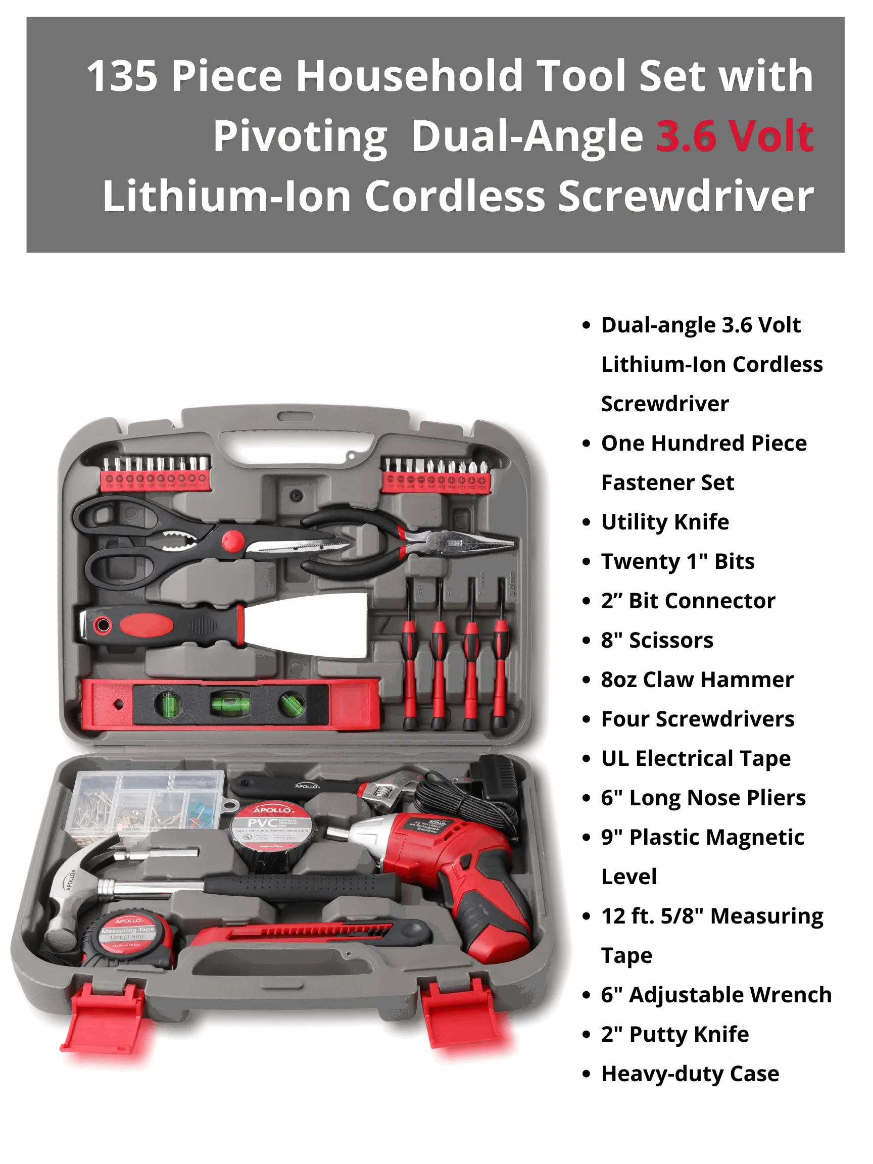 135 Piece Household Tool Set with Pivoting Dual-Angle 3.6 Volt Lithium-Ion Cordless Screwdriver - DT0773