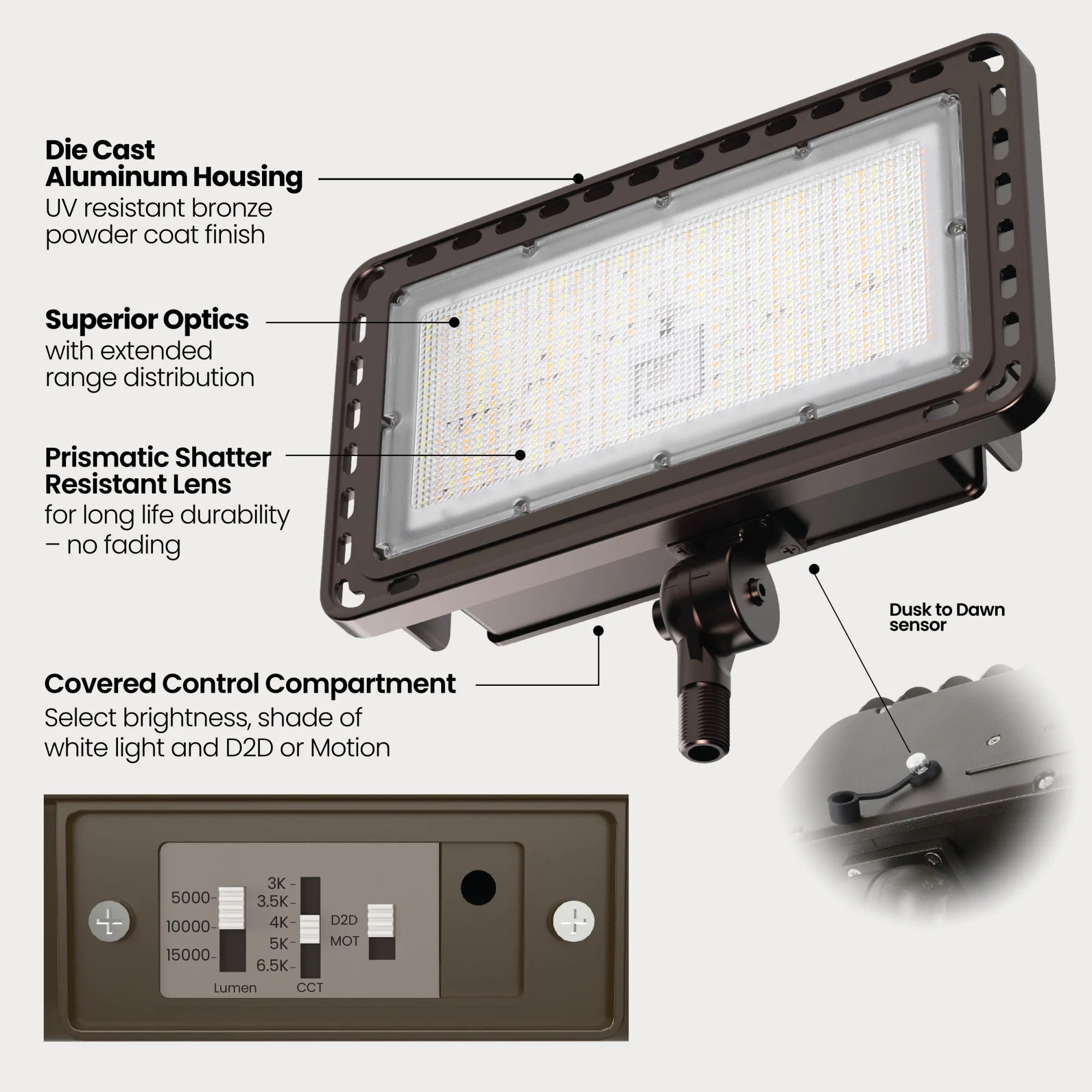 15000/10000/5000 Lumens Adjustable White Commercial Flood Light, Bronze