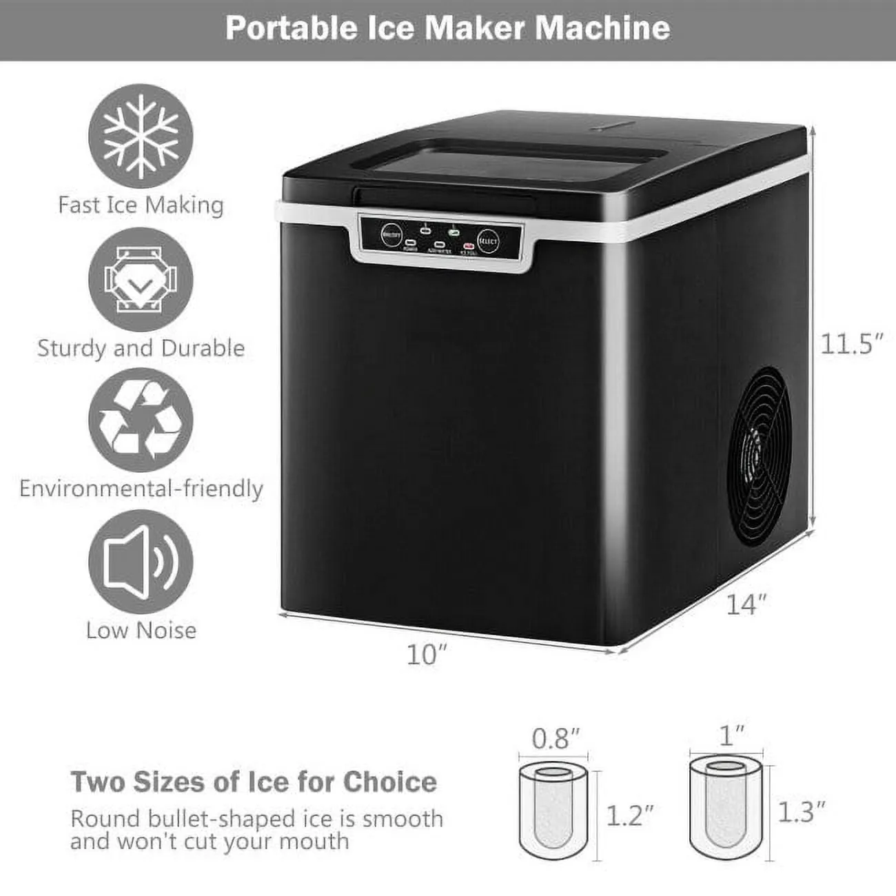 2 Quart Portable Ice Maker Machine with Scoop and Basket - Makes up to 26 pounds of Ice cubes in 24 hours.