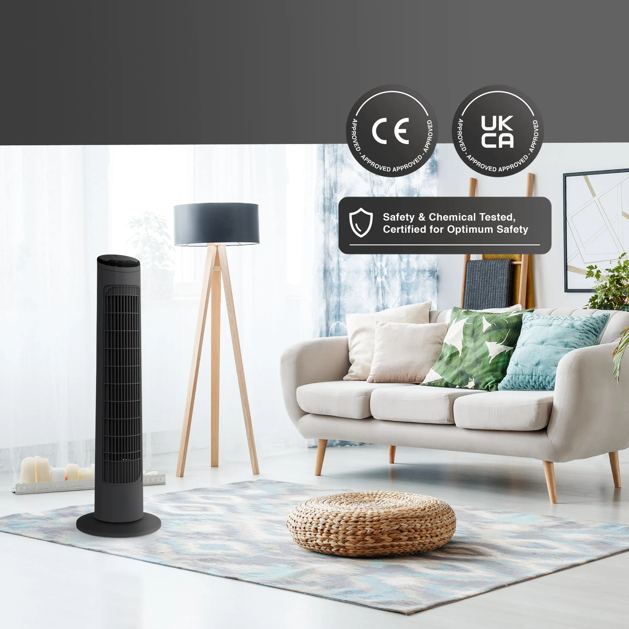 29-Inch 90 Degree Tower Fan with Remote Control - Powerful Wind, 6 Speeds and 3 Modes