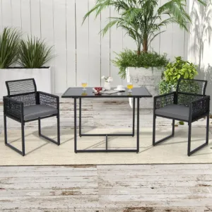 3 Pieces Outdoor Dining Set with Folding Backrest and Seat Cushions-Black