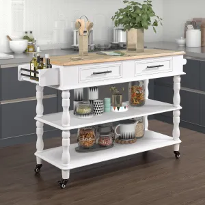 56" Rolling Kitchen Island with Oak Top, 2 Drawers, Wine & Spice Rack, Wheels, Milk White   Natural