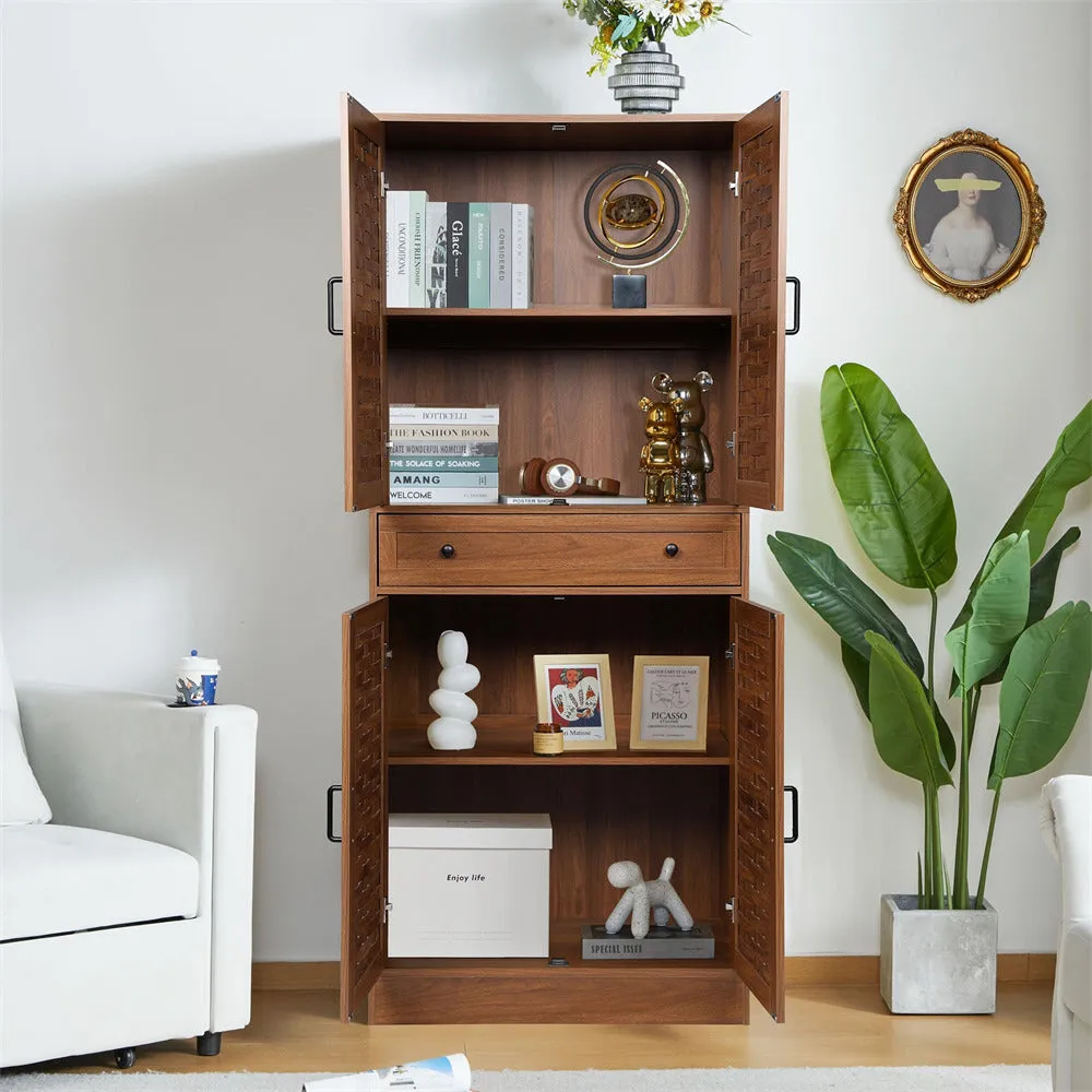 72" Kitchen Pantry Storage Cabinet with 4 Woven Doors and Adjustable Shelves