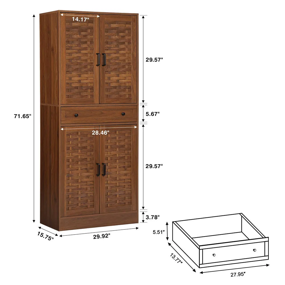 72" Kitchen Pantry Storage Cabinet with 4 Woven Doors and Adjustable Shelves