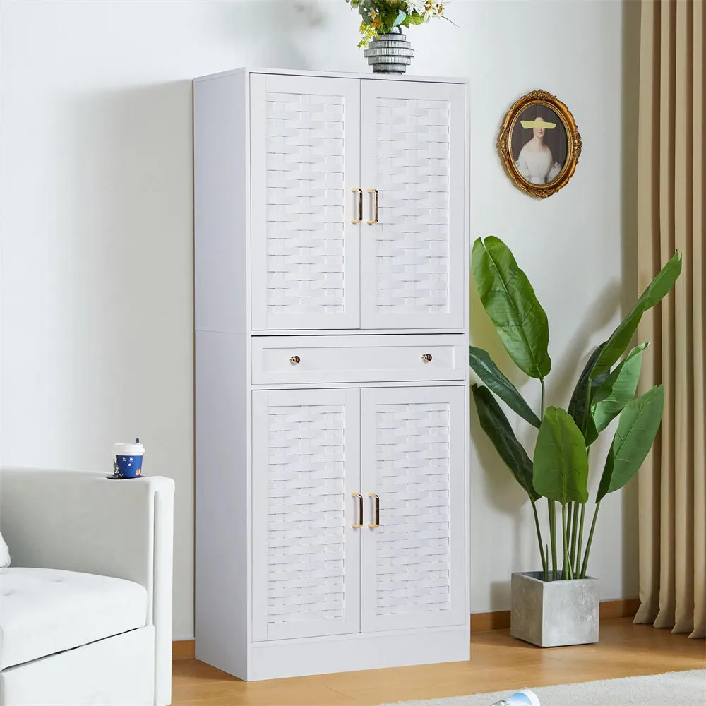 72" Kitchen Pantry Storage Cabinet with 4 Woven Doors and Adjustable Shelves