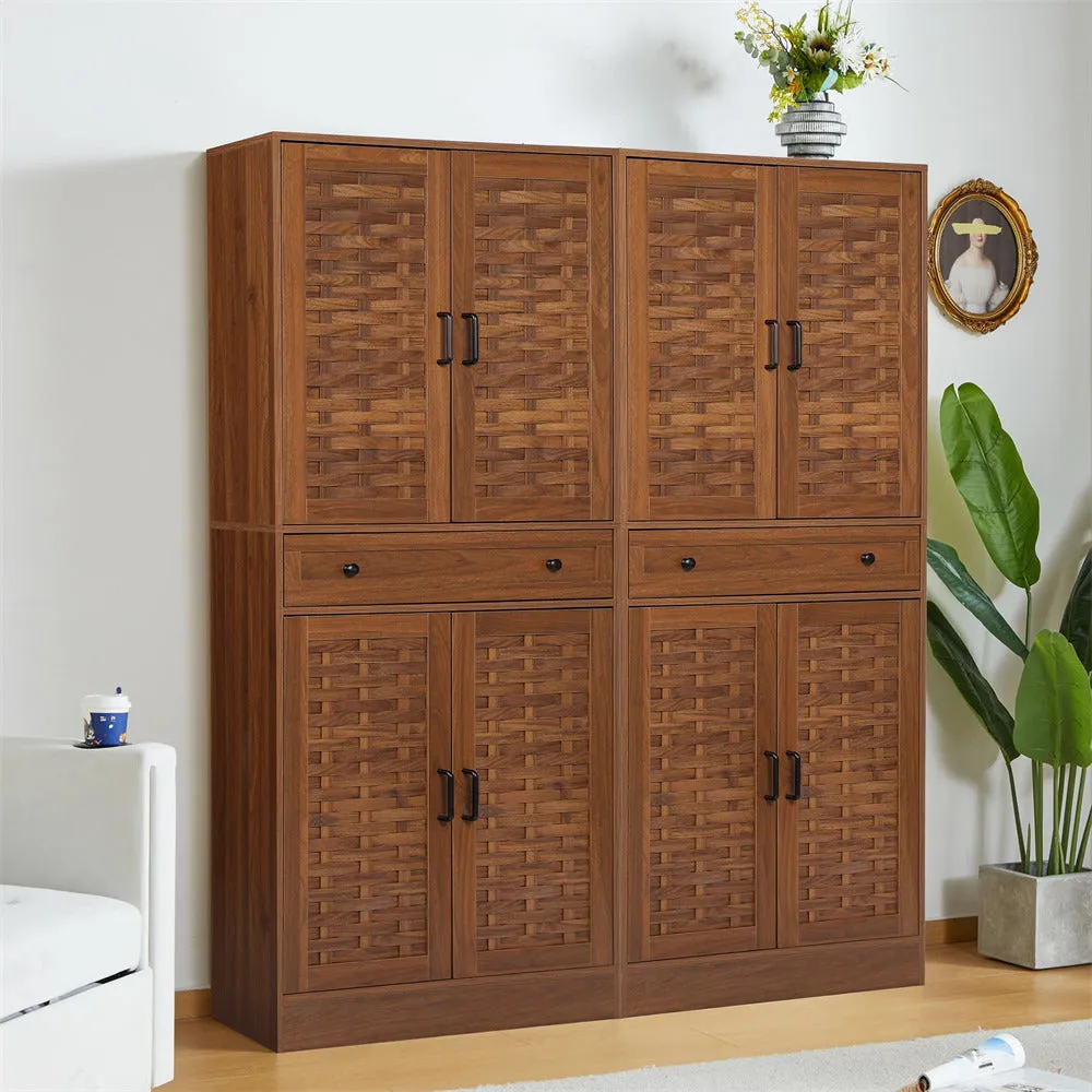 72" Kitchen Pantry Storage Cabinet with 4 Woven Doors and Adjustable Shelves