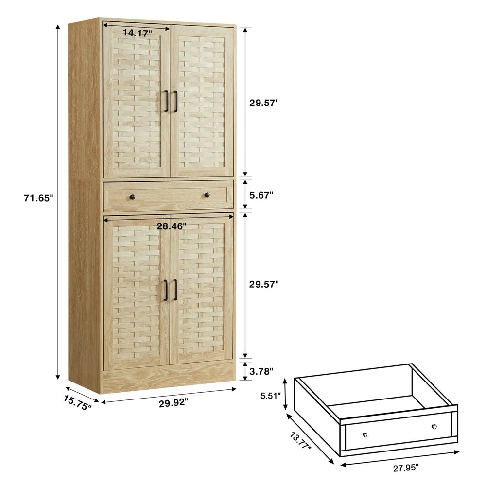 72" Kitchen Pantry Storage Cabinet with 4 Woven Doors and Adjustable Shelves