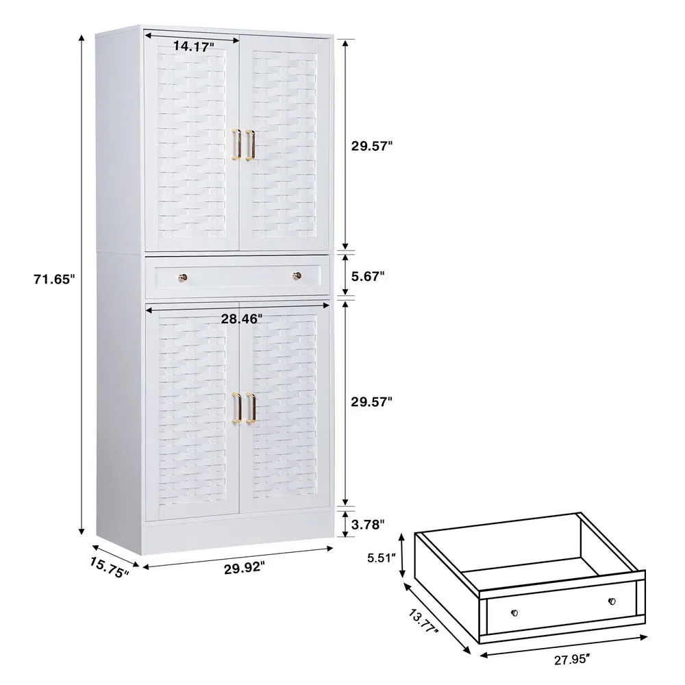 72" Kitchen Pantry Storage Cabinet with 4 Woven Doors and Adjustable Shelves