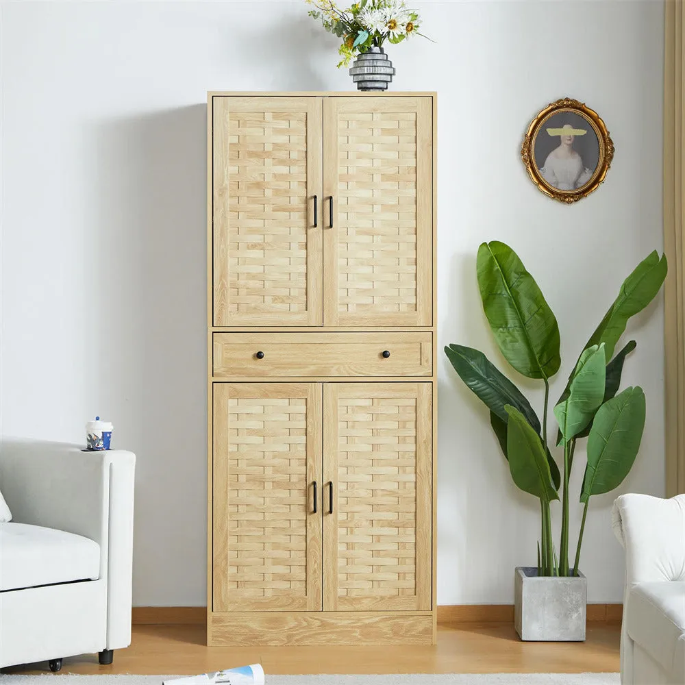 72" Kitchen Pantry Storage Cabinet with 4 Woven Doors and Adjustable Shelves