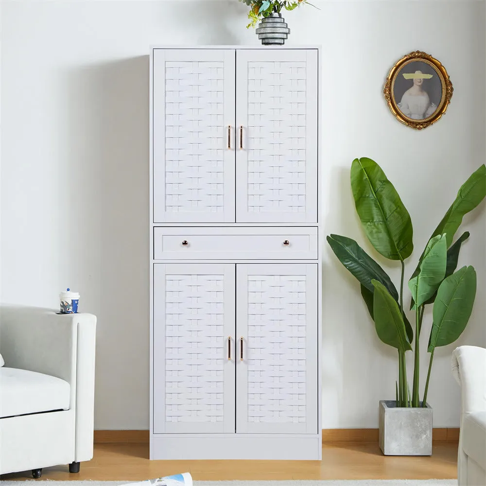 72" Kitchen Pantry Storage Cabinet with 4 Woven Doors and Adjustable Shelves