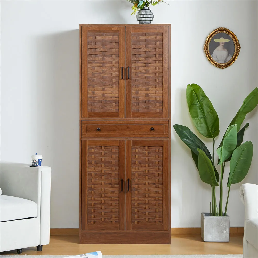 72" Kitchen Pantry Storage Cabinet with 4 Woven Doors and Adjustable Shelves