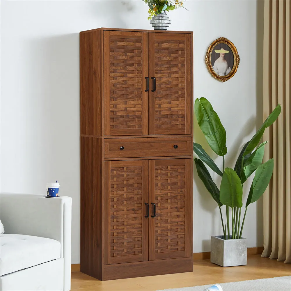 72" Kitchen Pantry Storage Cabinet with 4 Woven Doors and Adjustable Shelves