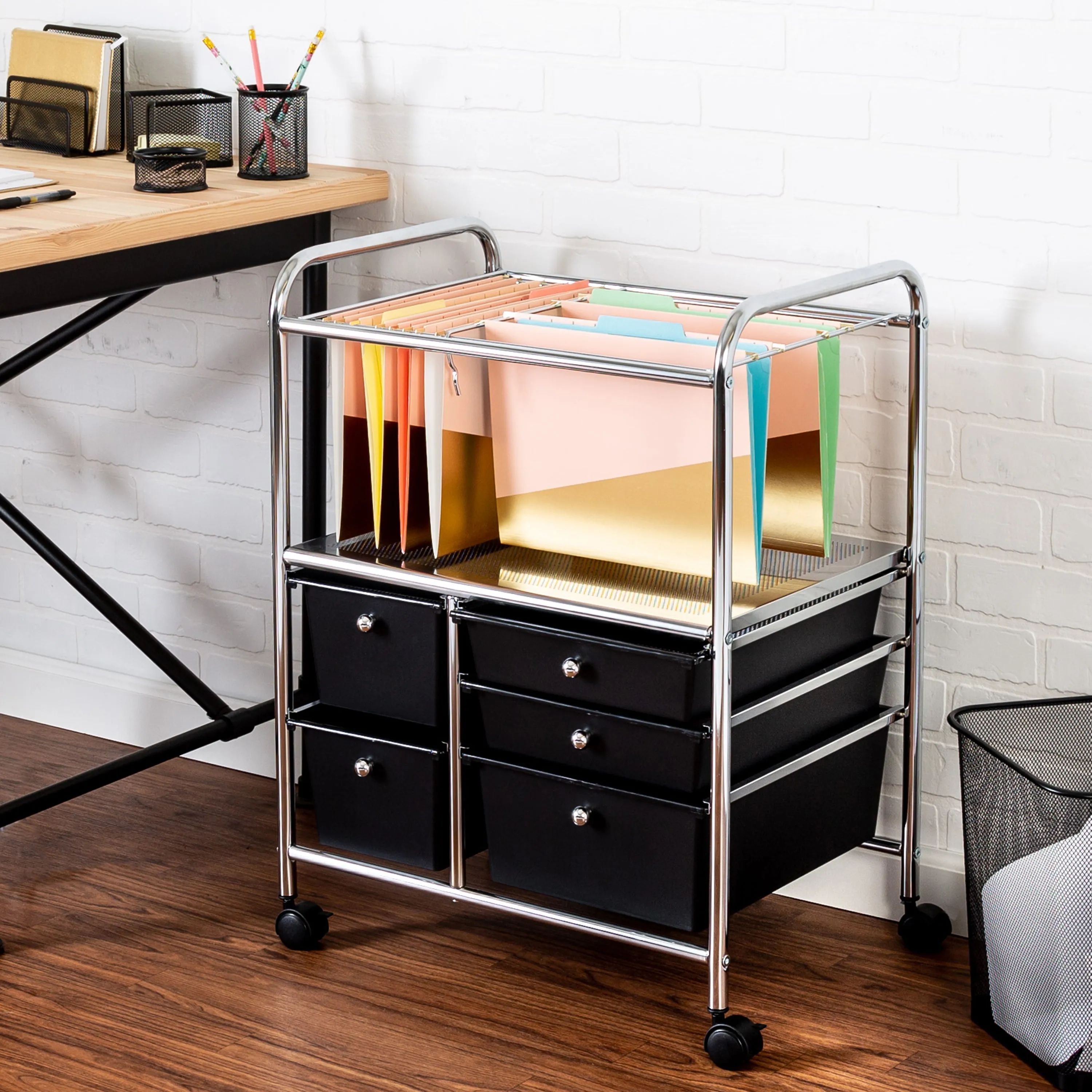 Black/Chrome 5-Drawer Rolling File Cart