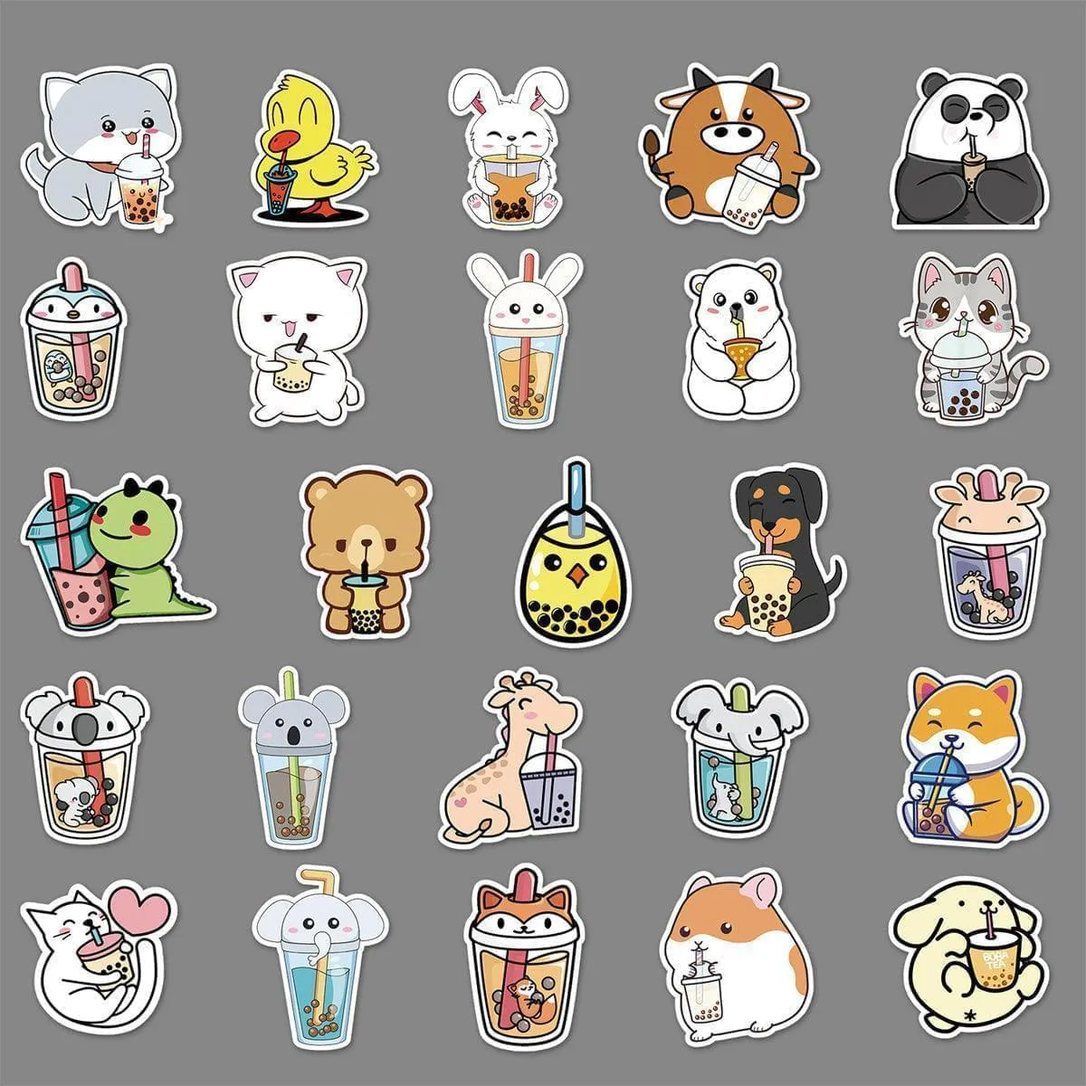 Boba Stickers Waterproof Cute Animal Bubble Tea Stickers 50 pcs