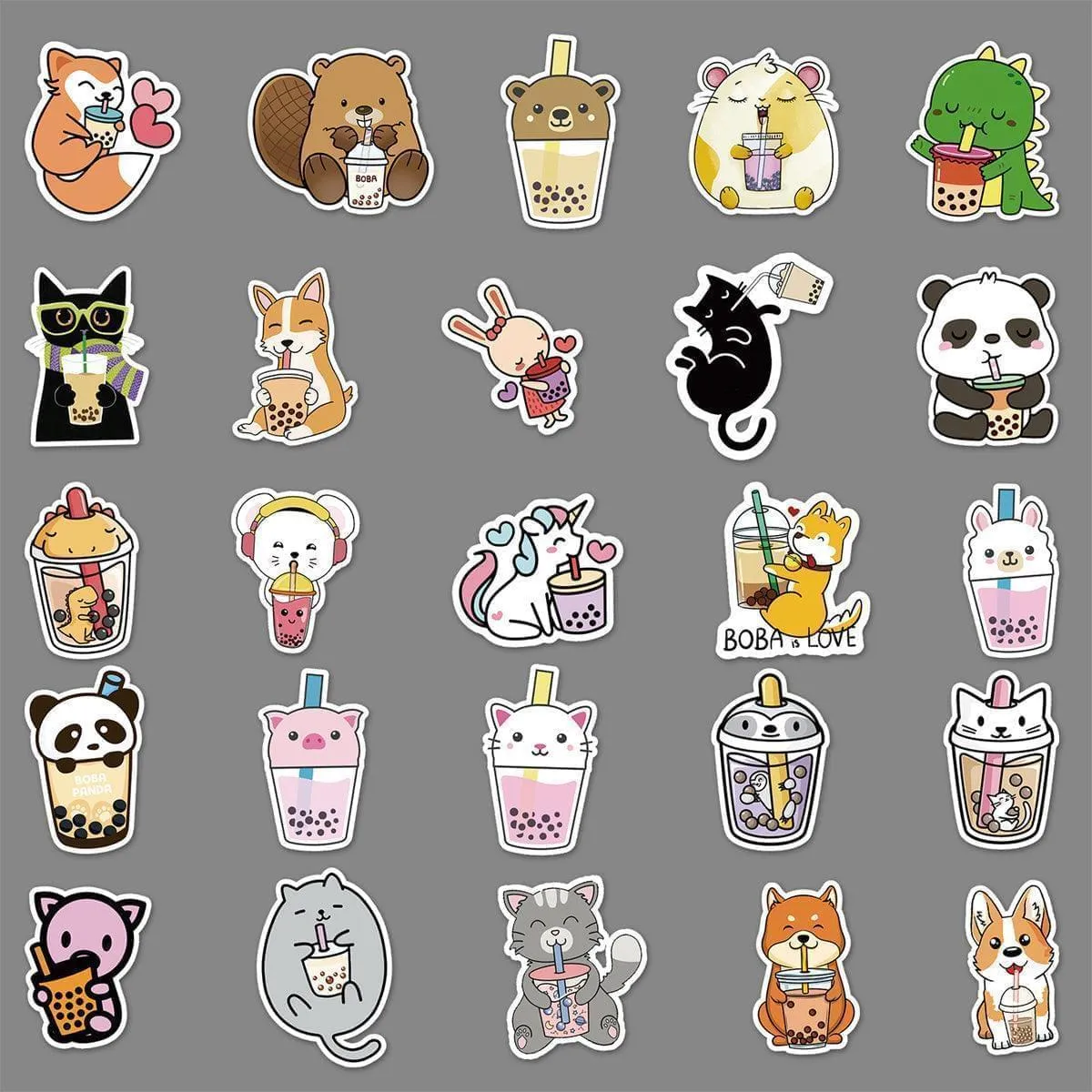 Boba Stickers Waterproof Cute Animal Bubble Tea Stickers 50 pcs