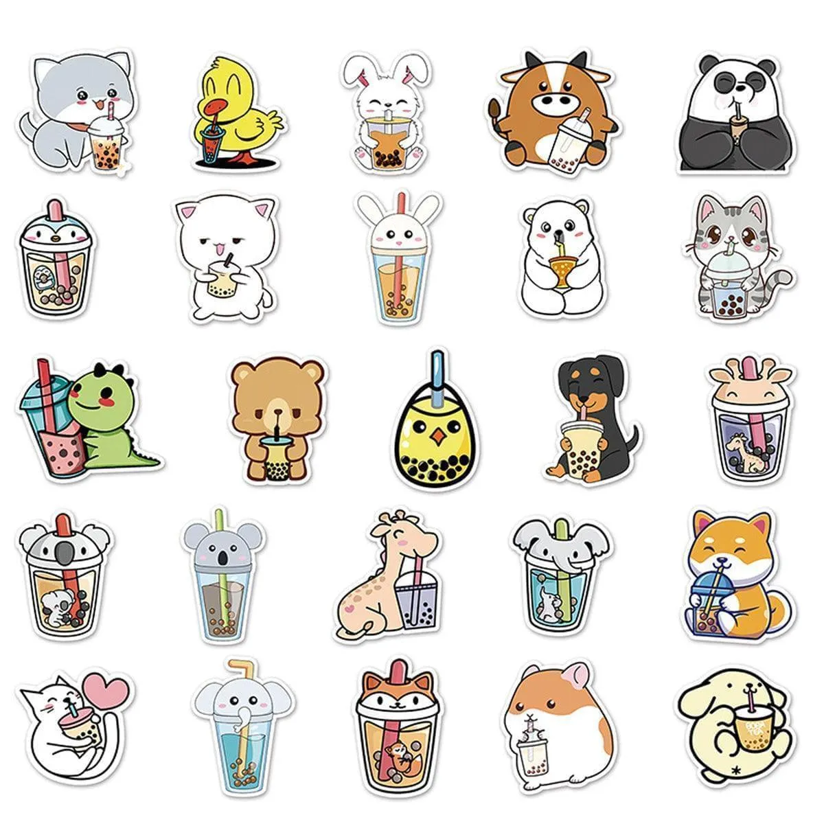 Boba Stickers Waterproof Cute Animal Bubble Tea Stickers 50 pcs