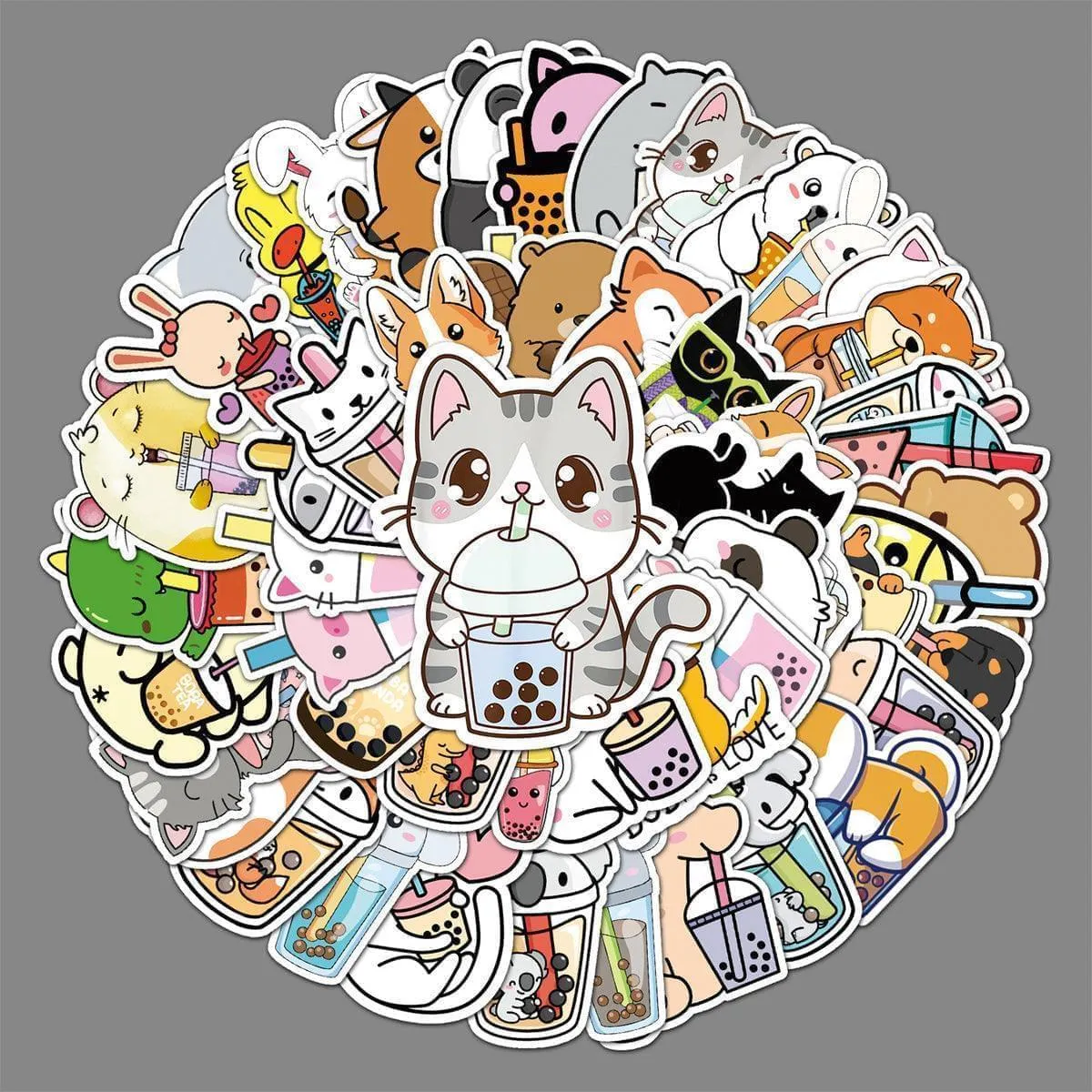 Boba Stickers Waterproof Cute Animal Bubble Tea Stickers 50 pcs