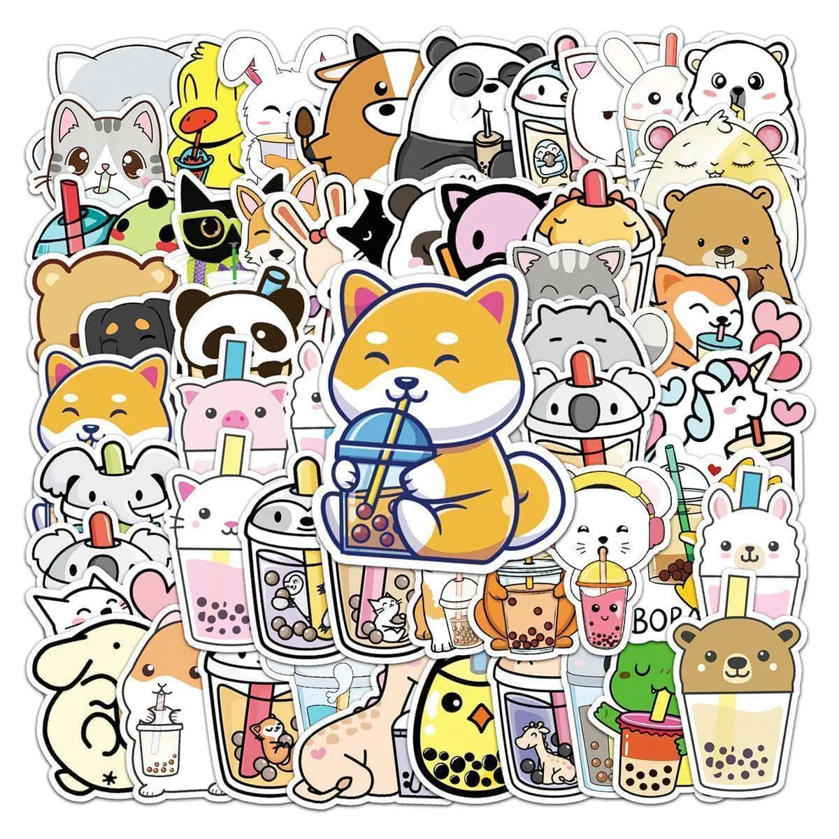 Boba Stickers Waterproof Cute Animal Bubble Tea Stickers 50 pcs