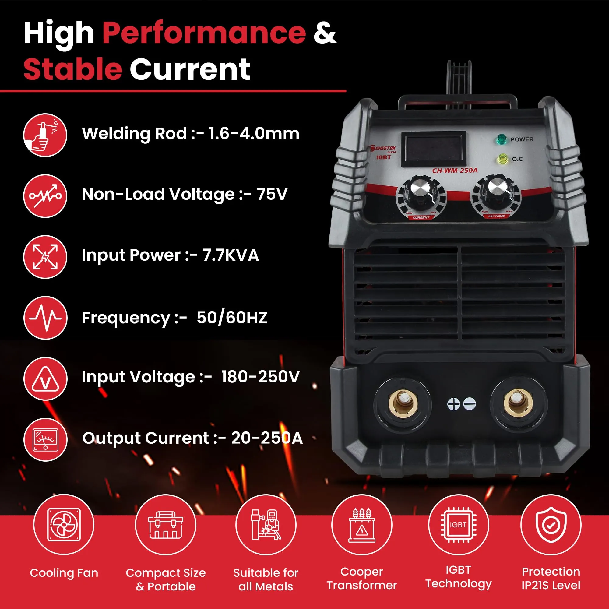 Cheston Ultra 200AB Inverter ARC Welding Machine (MMA) IGBT LED Display Hot Start Welder Tool with Welding Cables, Goggles, Welding Rods & Other Accessories with Current, Hot Start & Arc Regulator