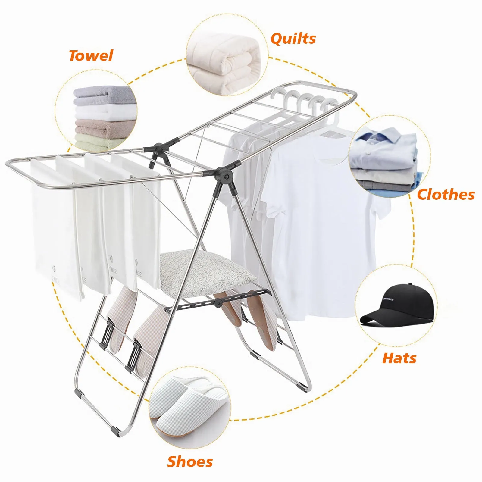 Clothes Drying Rack, Foldable 2-Layer Stainless Steel Laundry Drying Rack With Height Adjustable Gullwing, Laundry Rack For Drying Clothes, Towels, Shoes And Socks, Hats, Quilts