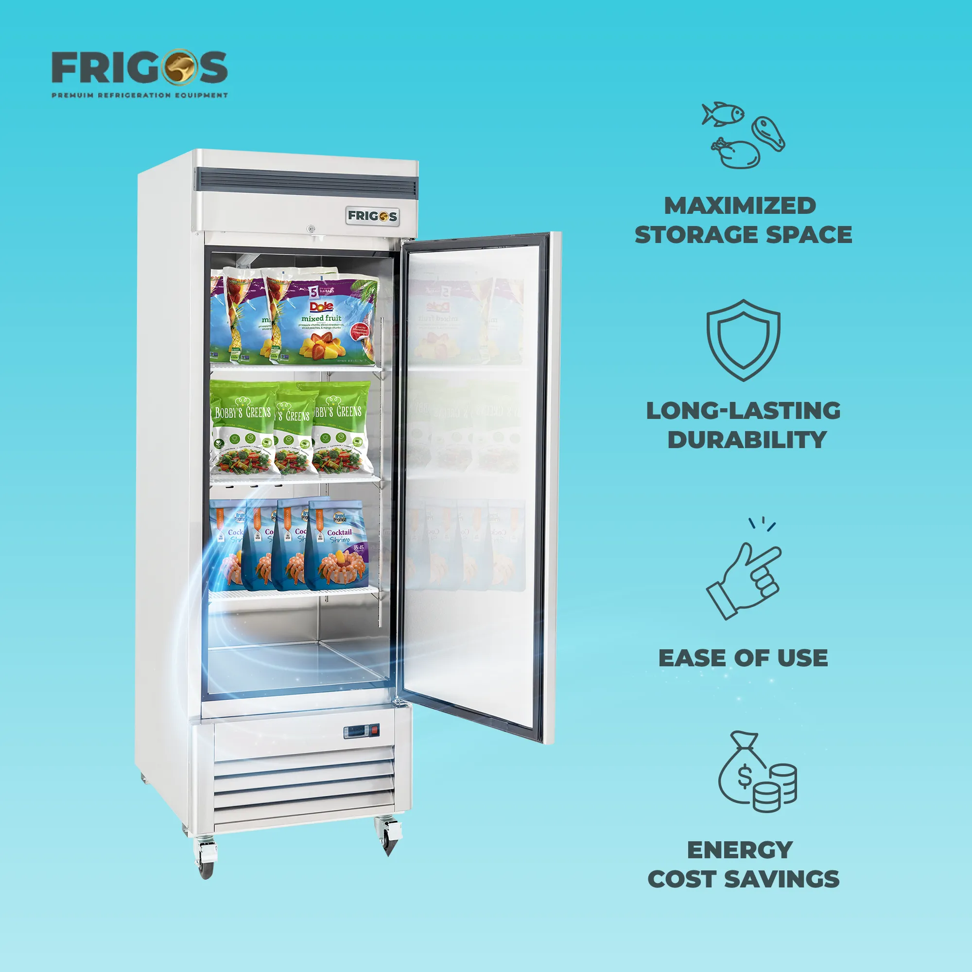 Commercial Reach in Refrigerator 1 Section Solid Door, 28" Width, 23 Cu Ft Frigos Premium FGP-RF-1DLH Stainless Steel Interior and Exterior