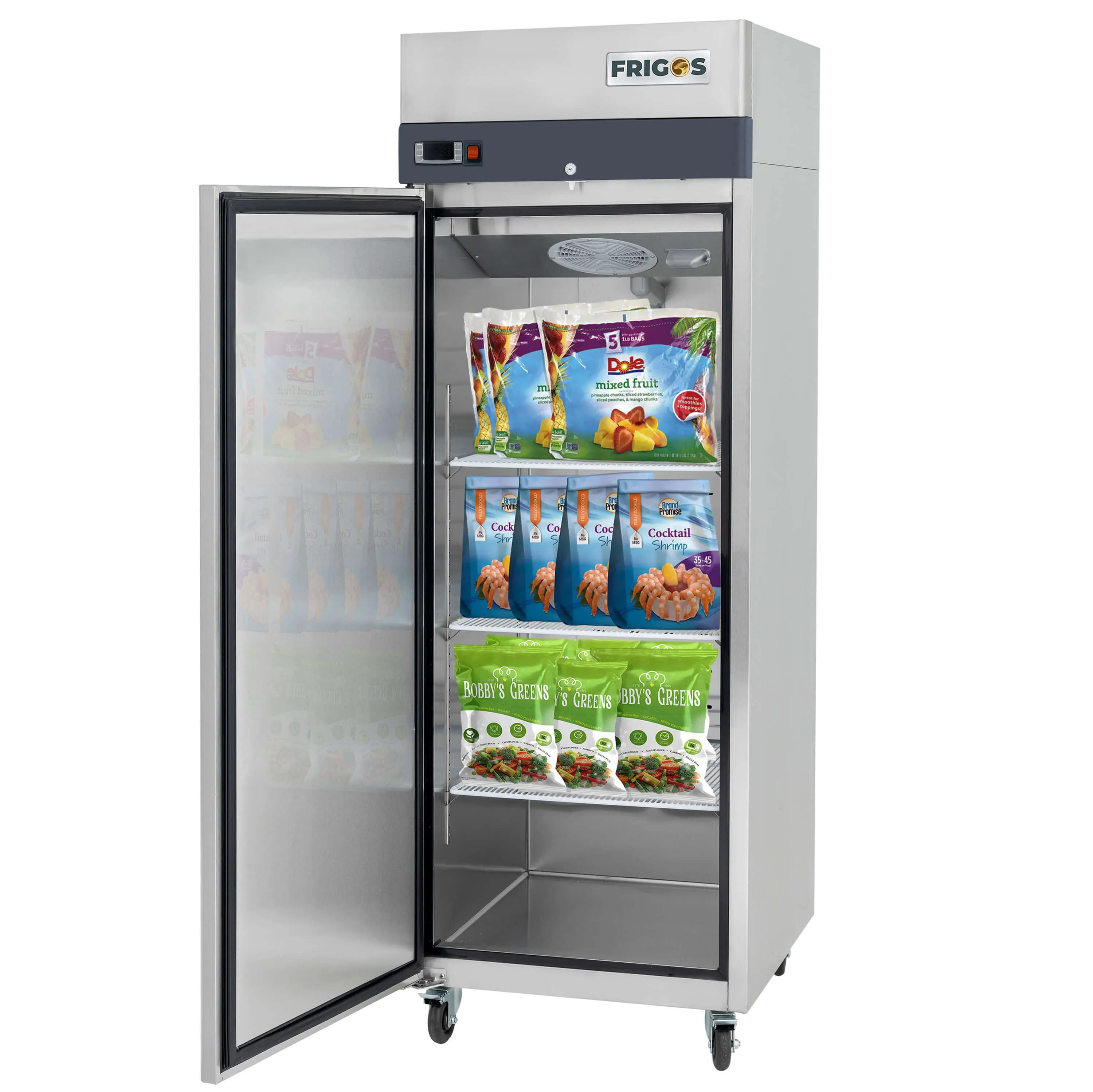 Commercial Reach in Refrigerator 1 Section Solid Door, 28" Width, 23 Cu Ft Frigos Premium FGP-RF-1DLH Stainless Steel Interior and Exterior