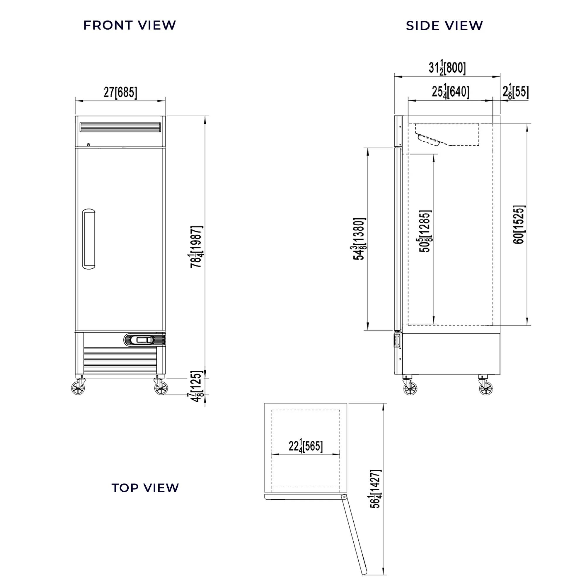 Commercial Reach in Refrigerator 1 Section Solid Door, 28" Width, 23 Cu Ft Frigos Premium FGP-RF-1DLH Stainless Steel Interior and Exterior