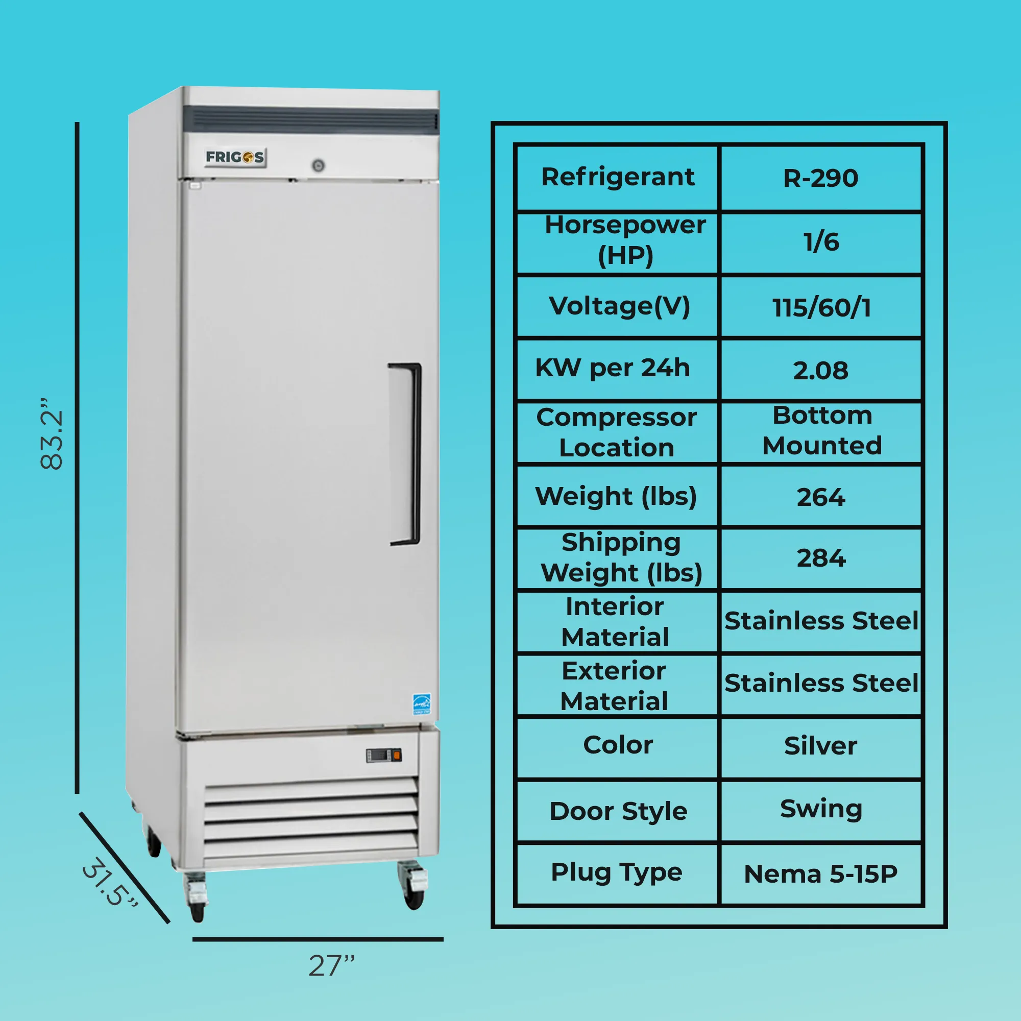 Commercial Reach in Refrigerator 1 Section Solid Door, 28" Width, 23 Cu Ft Frigos Premium FGP-RF-1DLH Stainless Steel Interior and Exterior