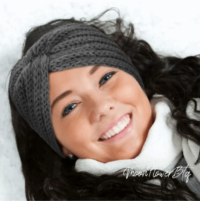 Dark Gray Vegan Knit Twist Headband Ear Warmer