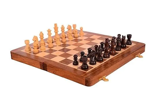 Foldable Wooden Magnetic Chess Set, 12 Inches, Brown, 2 Players, Extra Queens, Handcrafted Pieces