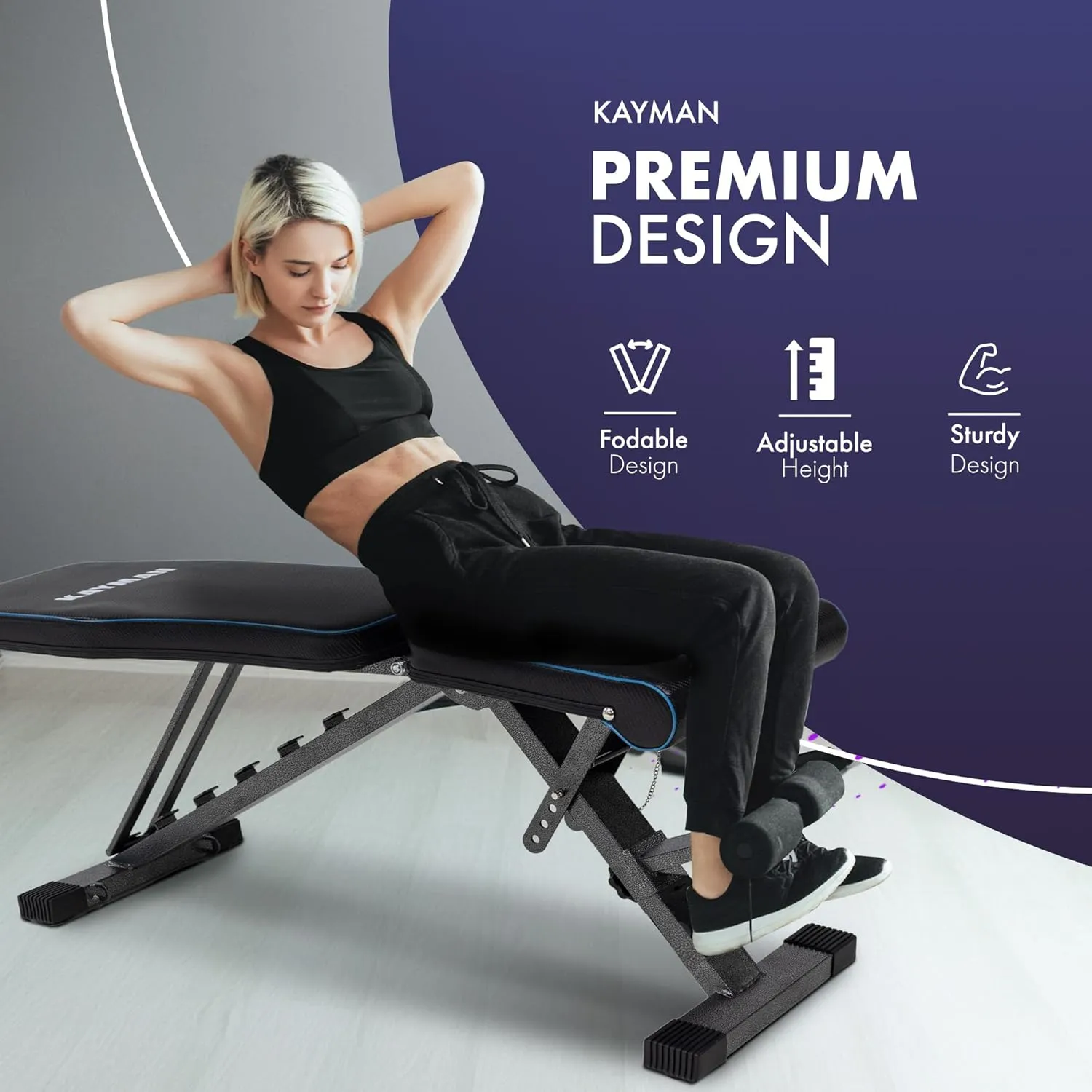 Kayman Adjustable Weight Bench - 6 Back Levels, 4 Seat Levels, 3 Leg Levels - Durable Steel, EPE Foam, PU - Foldable & Sturdy - Compact Home Gym Workout Bench (108x33x42-112 cm)