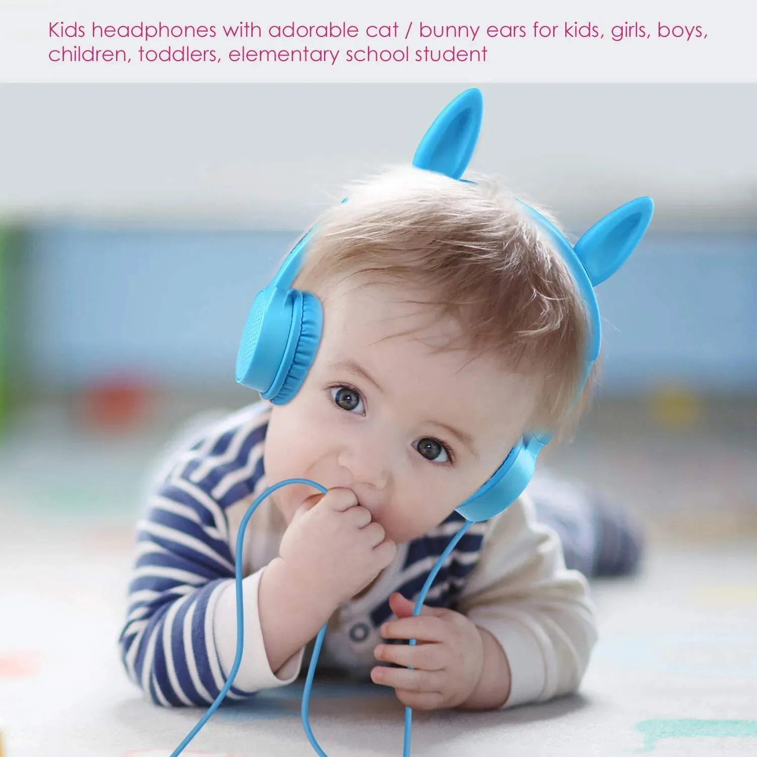 Kids Headphones,  2 in 1 Cat/Bunny Ear Wired On-Ear Headphones Headsets with 85Db Volume Limited, Children Headphones for Kids - Blue