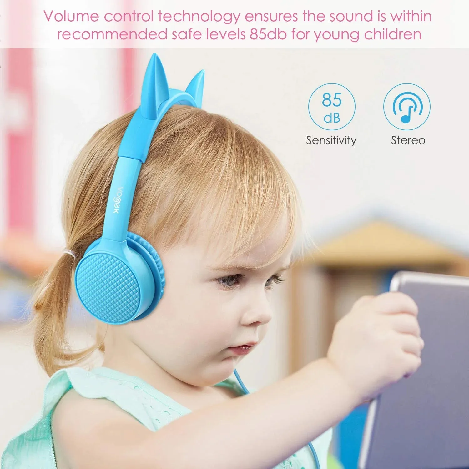 Kids Headphones,  2 in 1 Cat/Bunny Ear Wired On-Ear Headphones Headsets with 85Db Volume Limited, Children Headphones for Kids - Blue