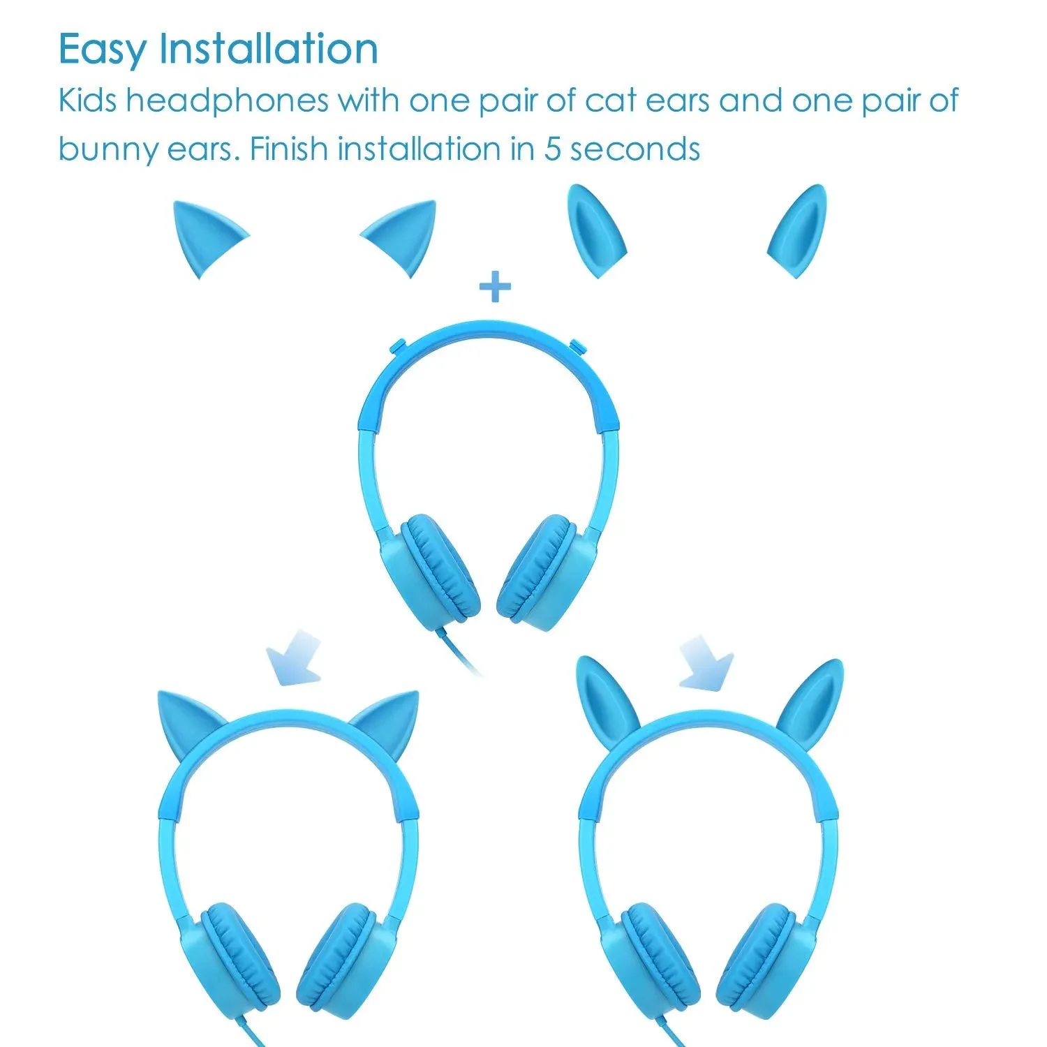 Kids Headphones,  2 in 1 Cat/Bunny Ear Wired On-Ear Headphones Headsets with 85Db Volume Limited, Children Headphones for Kids - Blue