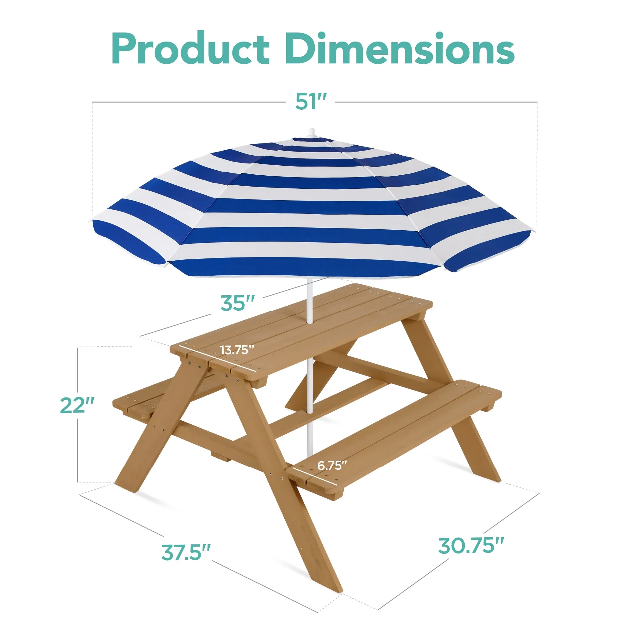 Kids Wooden Outdoor Picnic Table w/ Adjustable Umbrella, Built-In Seats