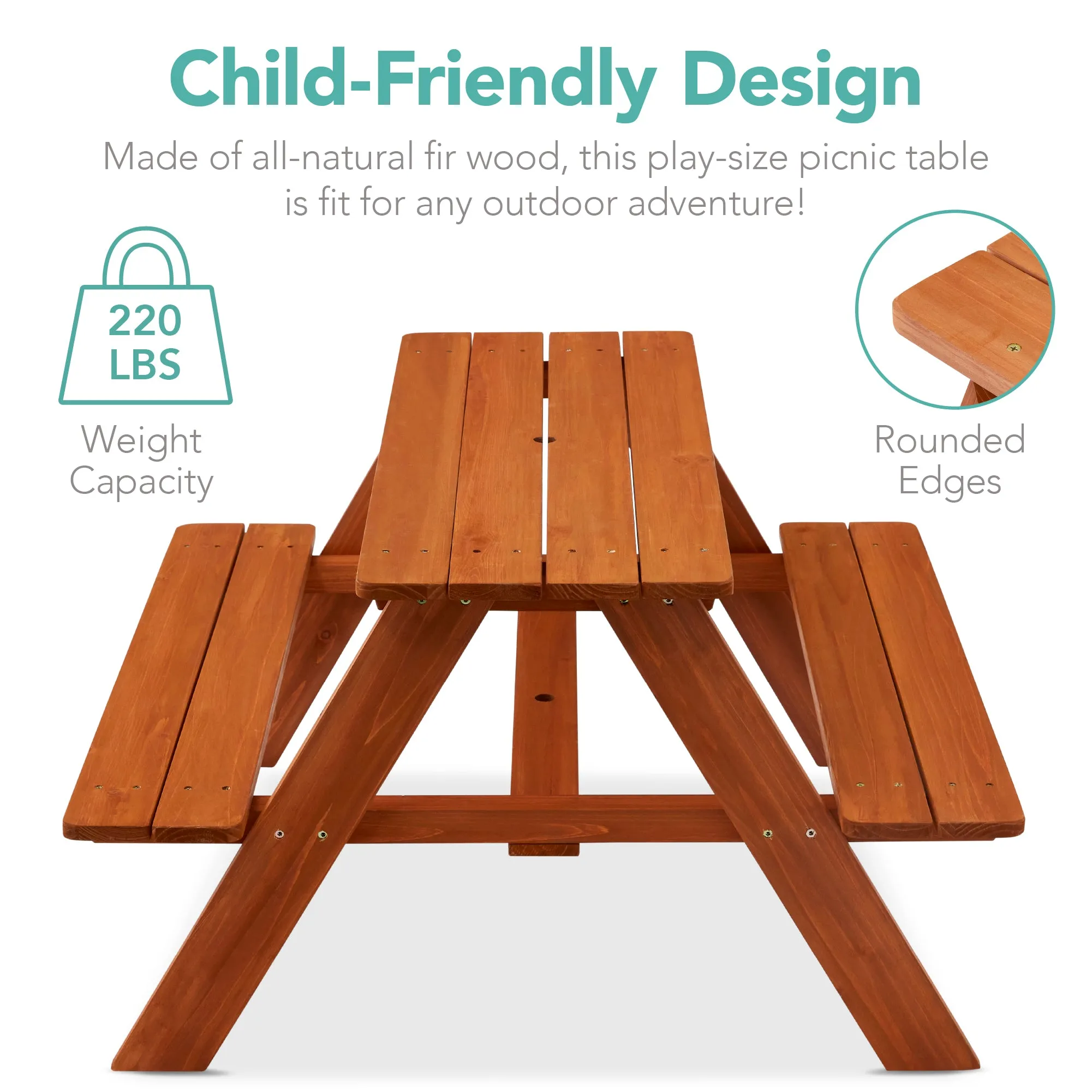 Kids Wooden Outdoor Picnic Table w/ Adjustable Umbrella, Built-In Seats