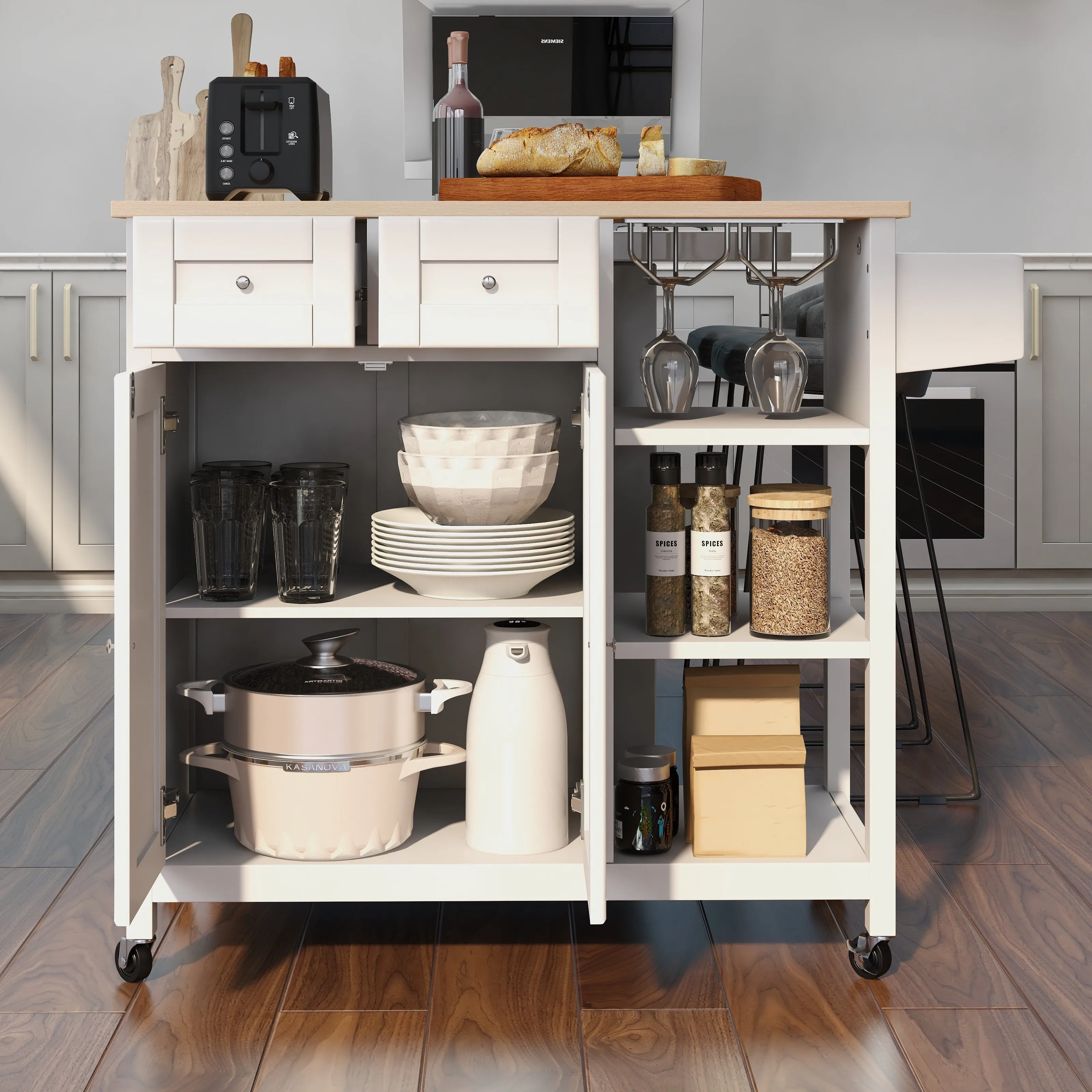 Kitchen Island on Wheels, Kitchen Cart with Cabinet & 3 Layer Shelves, White