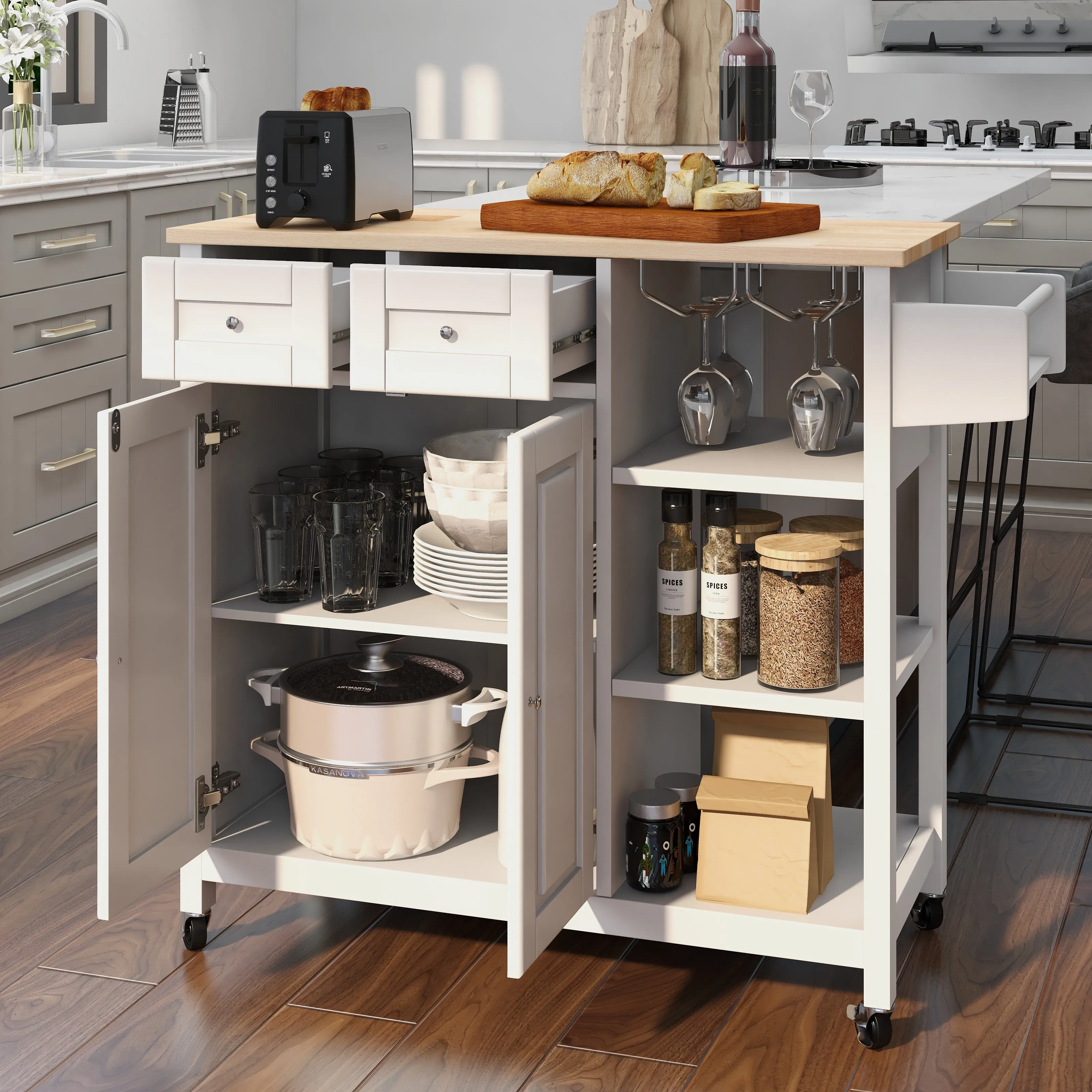 Kitchen Island on Wheels, Kitchen Cart with Cabinet & 3 Layer Shelves, White