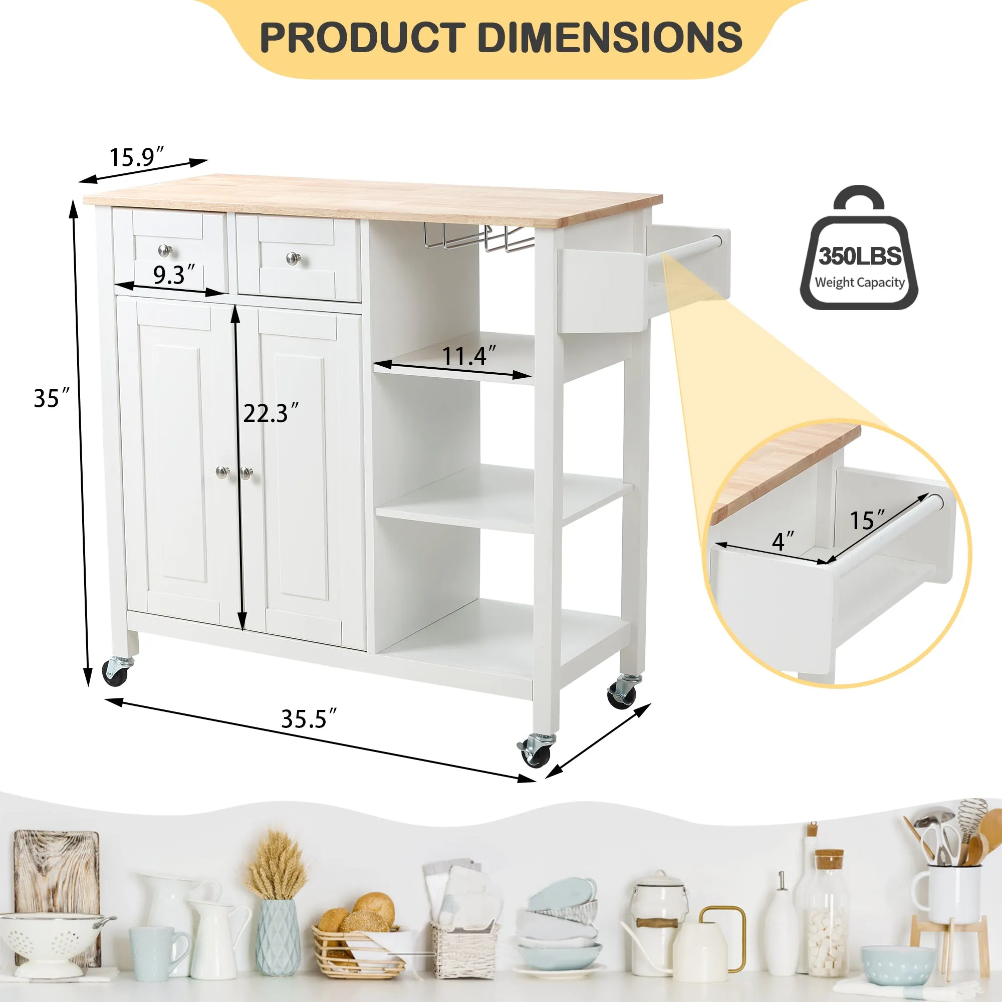 Kitchen Island on Wheels, Kitchen Cart with Cabinet & 3 Layer Shelves, White