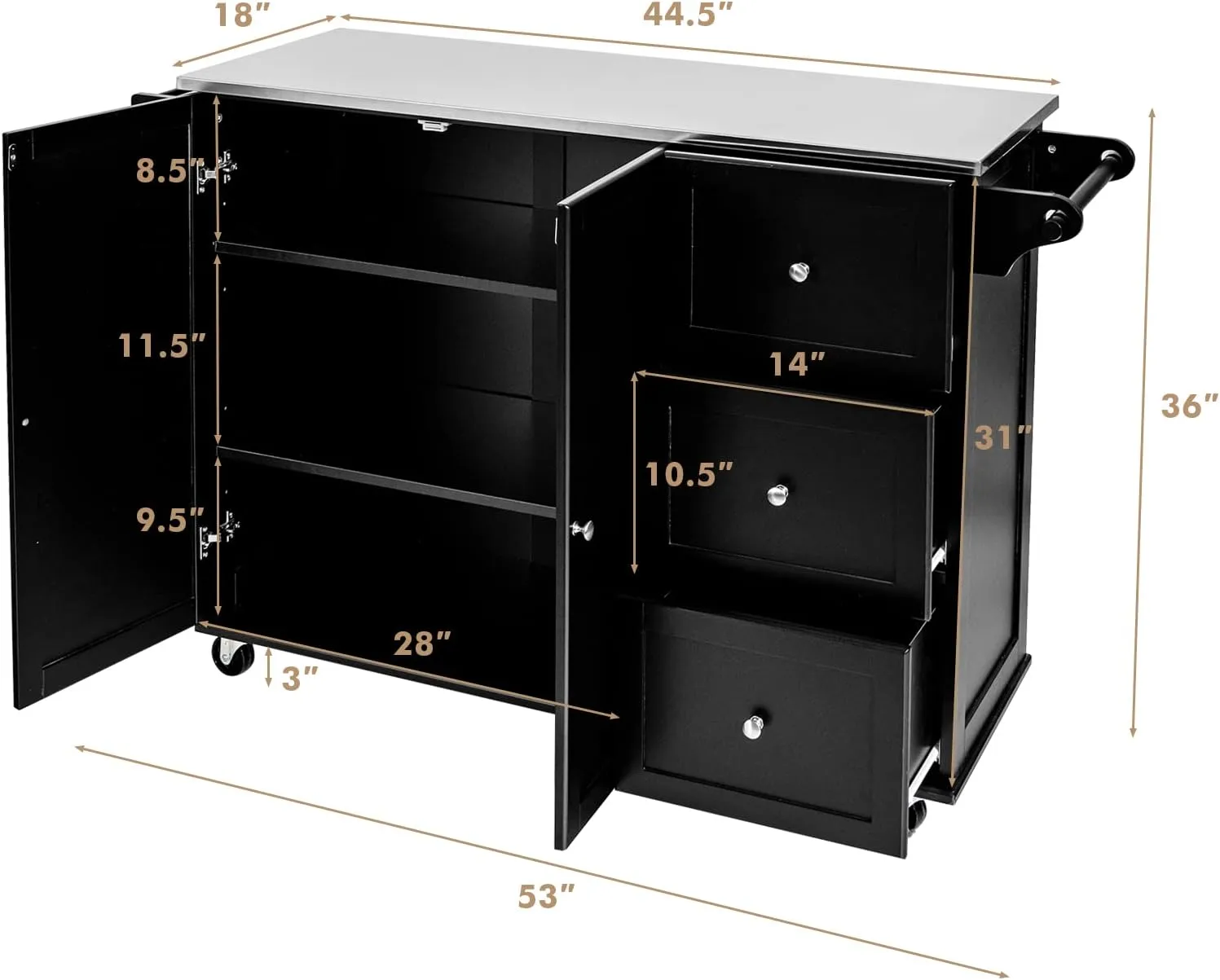 Kitchen Island with Stainless Steel Countertop with Towel Holder and Spice Rack, 3 Drawers, Adjustable Shelves, 2-Door Cabinet, Storage Table