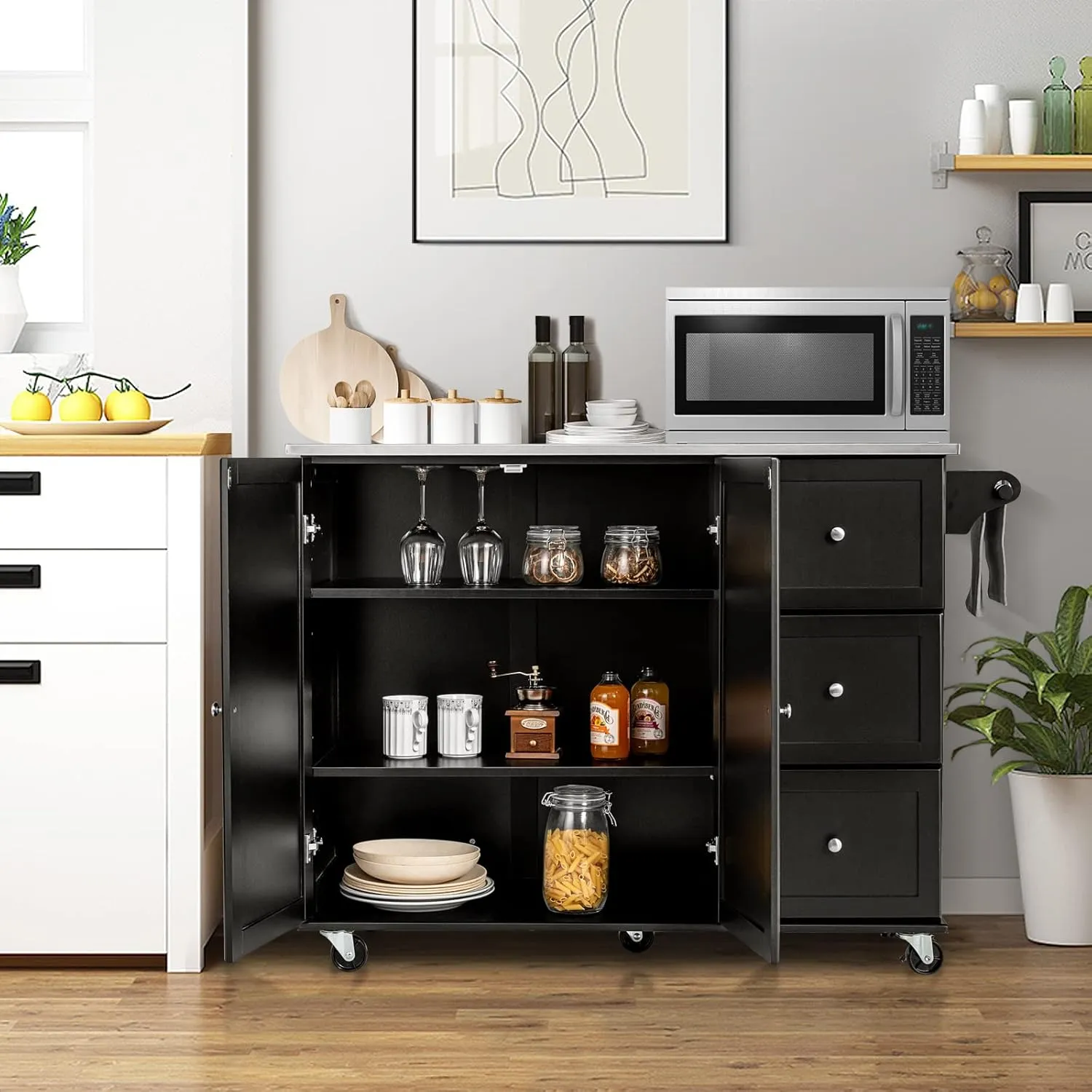 Kitchen Island with Stainless Steel Countertop with Towel Holder and Spice Rack, 3 Drawers, Adjustable Shelves, 2-Door Cabinet, Storage Table