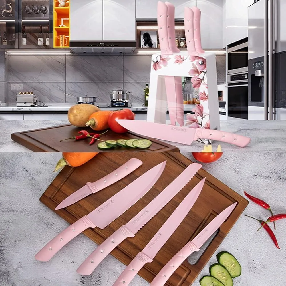 Kitchen Knife Set, Pink Flower 6PC Stainless Steel Sharp Chef Cooking Non-slip Knife Set with Acrylic Knife Block,Non-stick Colorful Coating