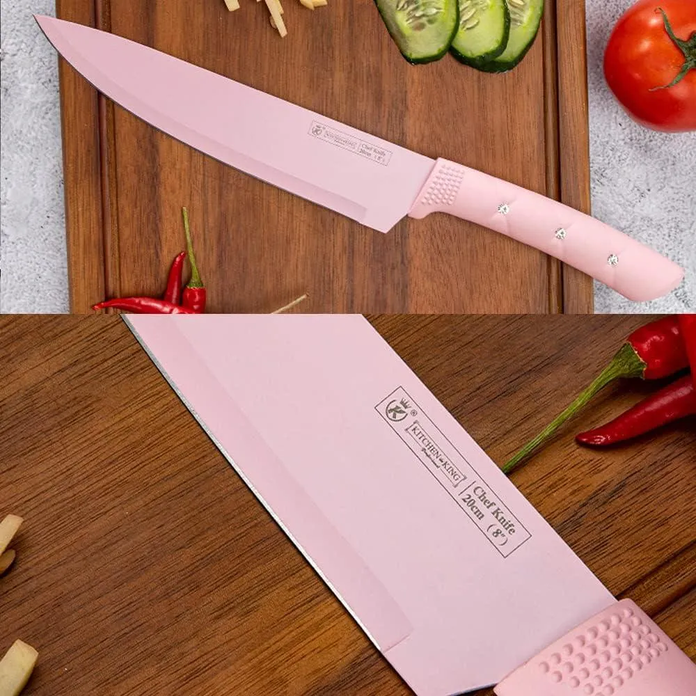 Kitchen Knife Set, Pink Flower 6PC Stainless Steel Sharp Chef Cooking Non-slip Knife Set with Acrylic Knife Block,Non-stick Colorful Coating