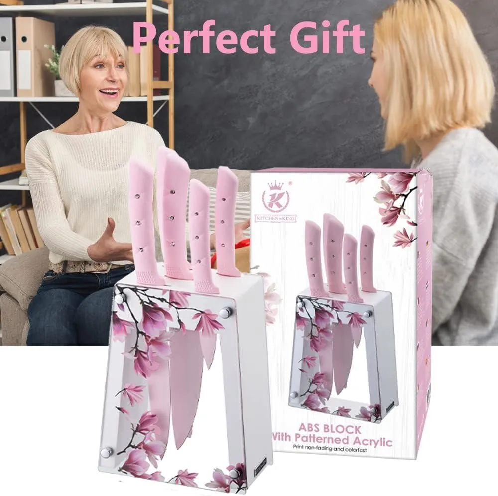 Kitchen Knife Set, Pink Flower 6PC Stainless Steel Sharp Chef Cooking Non-slip Knife Set with Acrylic Knife Block,Non-stick Colorful Coating