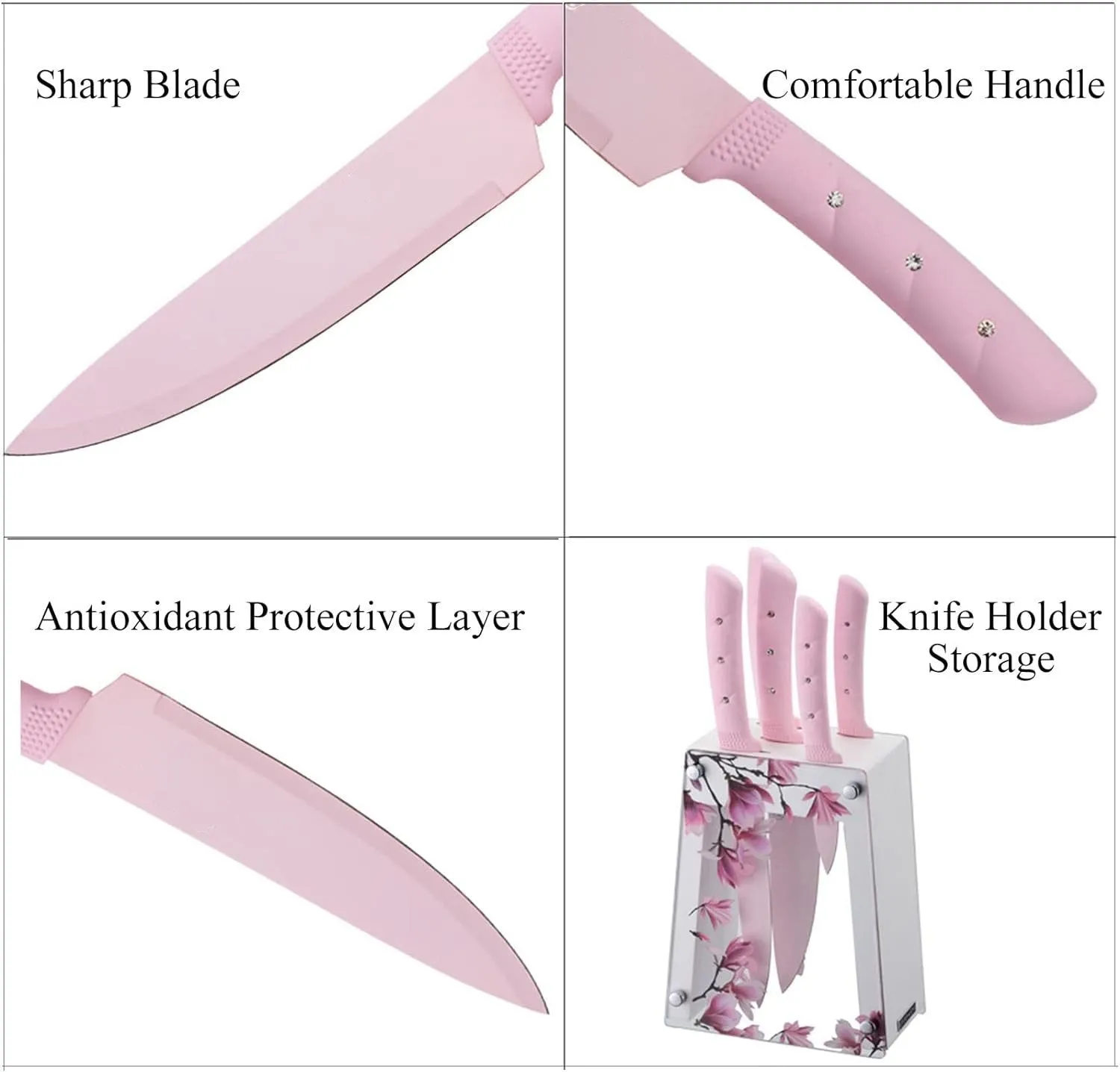 Kitchen Knife Set, Pink Flower 6PC Stainless Steel Sharp Chef Cooking Non-slip Knife Set with Acrylic Knife Block,Non-stick Colorful Coating