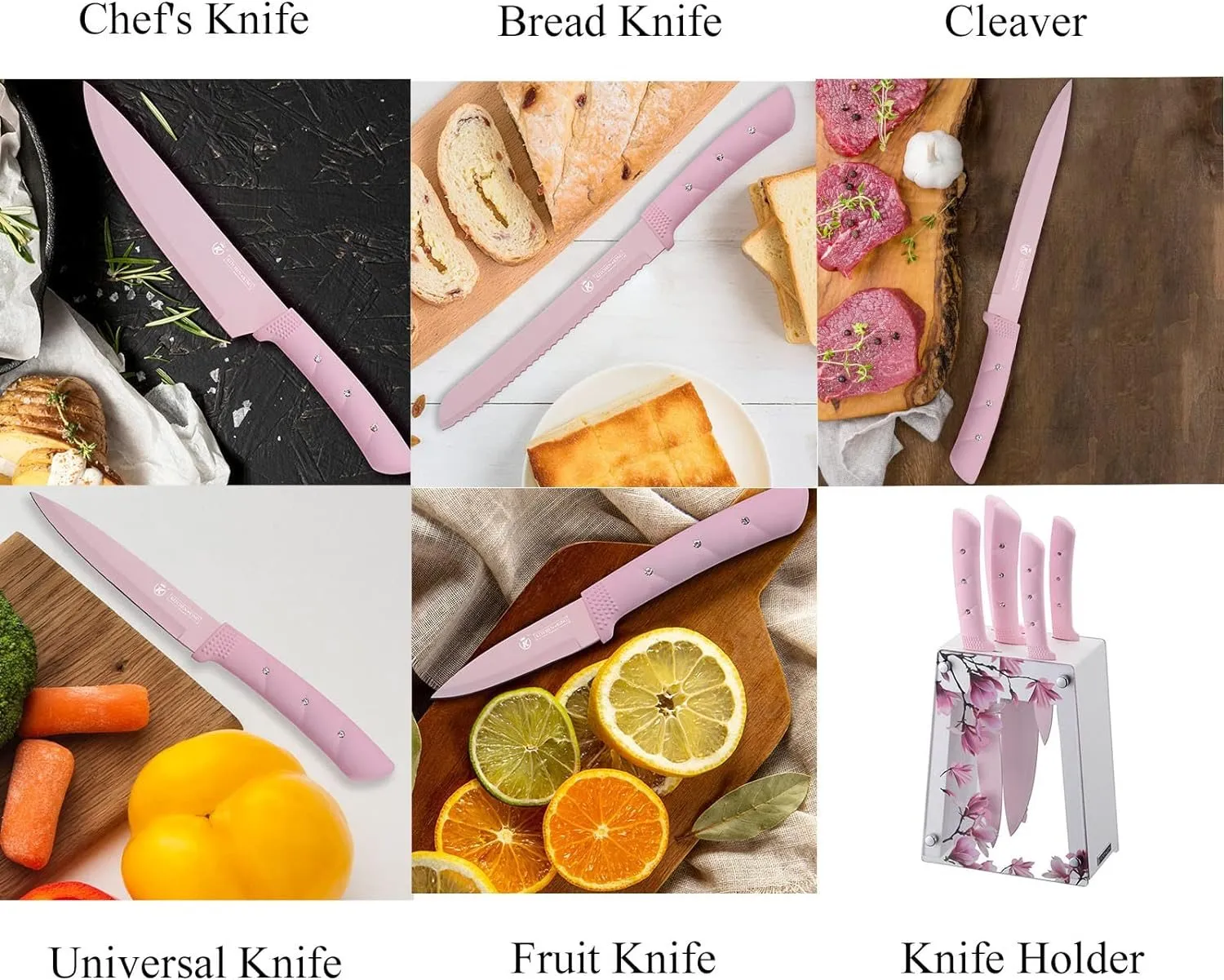 Kitchen Knife Set, Pink Flower 6PC Stainless Steel Sharp Chef Cooking Non-slip Knife Set with Acrylic Knife Block,Non-stick Colorful Coating