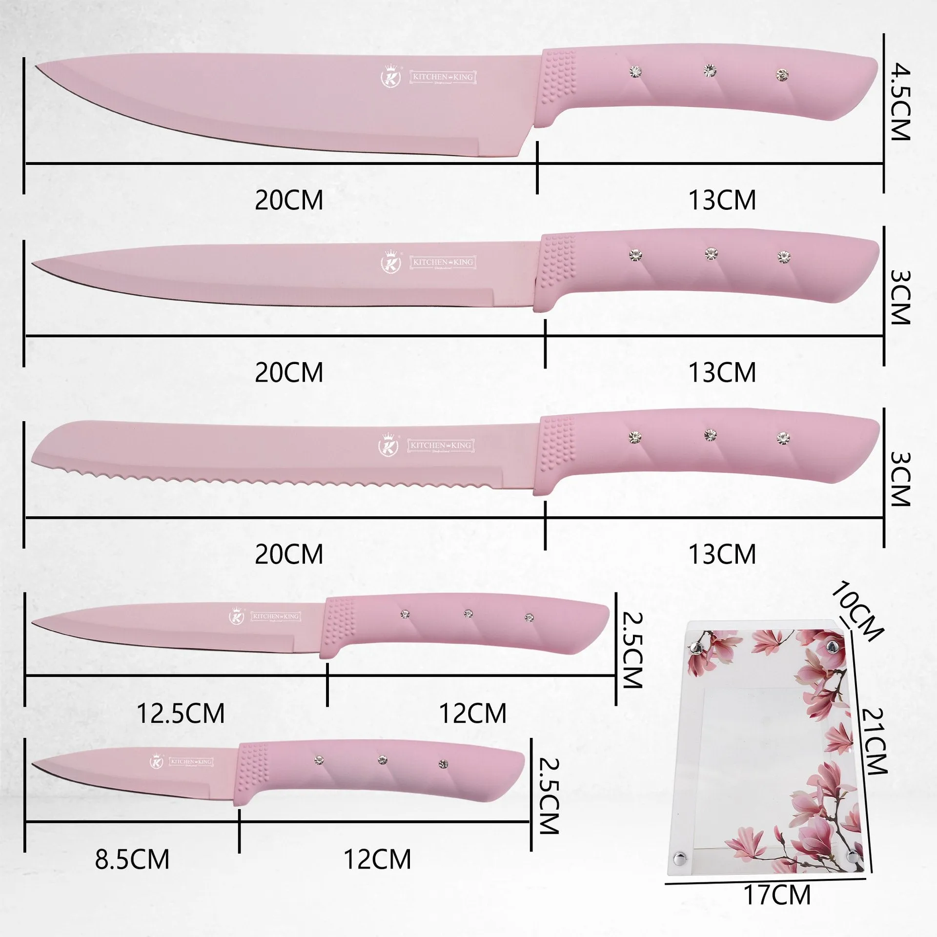 Kitchen Knife Set, Pink Flower 6PC Stainless Steel Sharp Chef Cooking Non-slip Knife Set with Acrylic Knife Block,Non-stick Colorful Coating