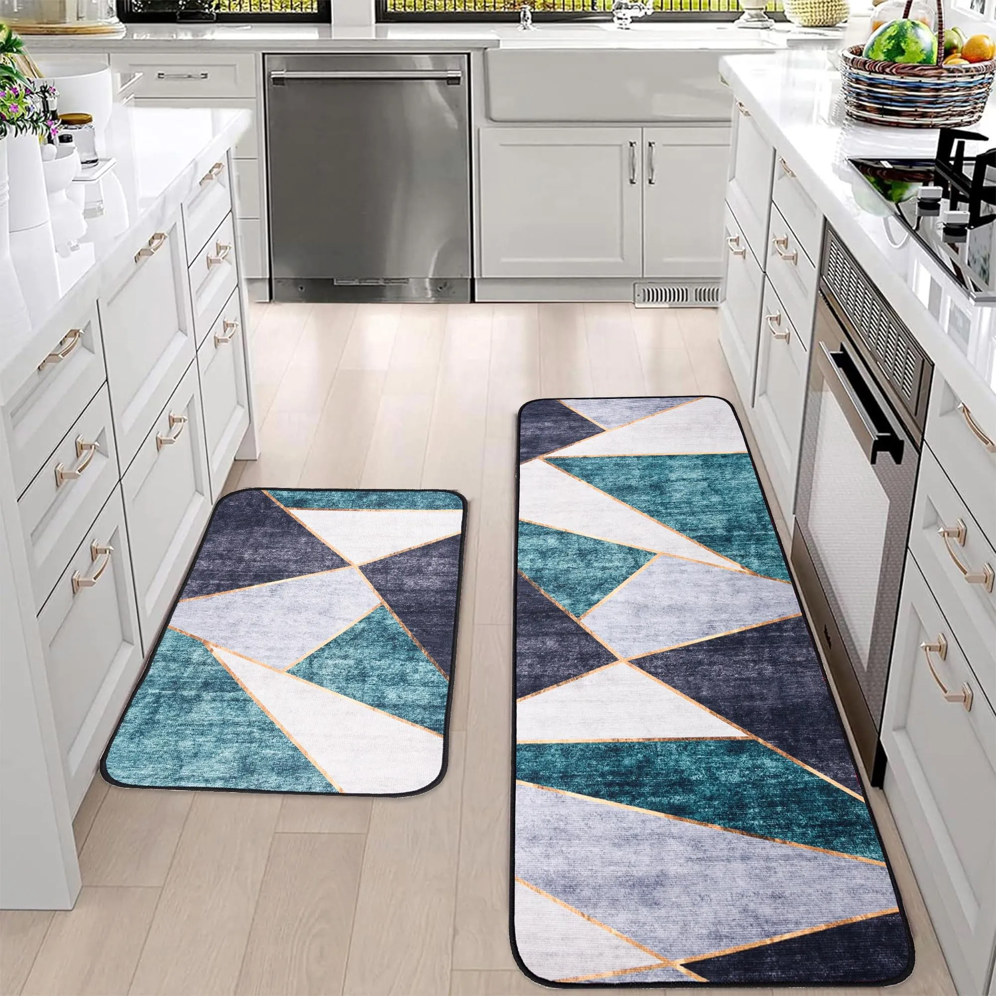 Kuber Industries 2 Pcs Kitchen Mat | Anti-Slip & Absorbent Kitchen Rug Mat | Door Mat & Kitchen Runner Set | Non Woven Floor Mat for Home, Kitchen, Living Room | HY096 | Green & Gray