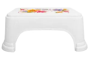 Kuber Industries Floral Print Plastic Bathroom Stool, White-KUBMART10868